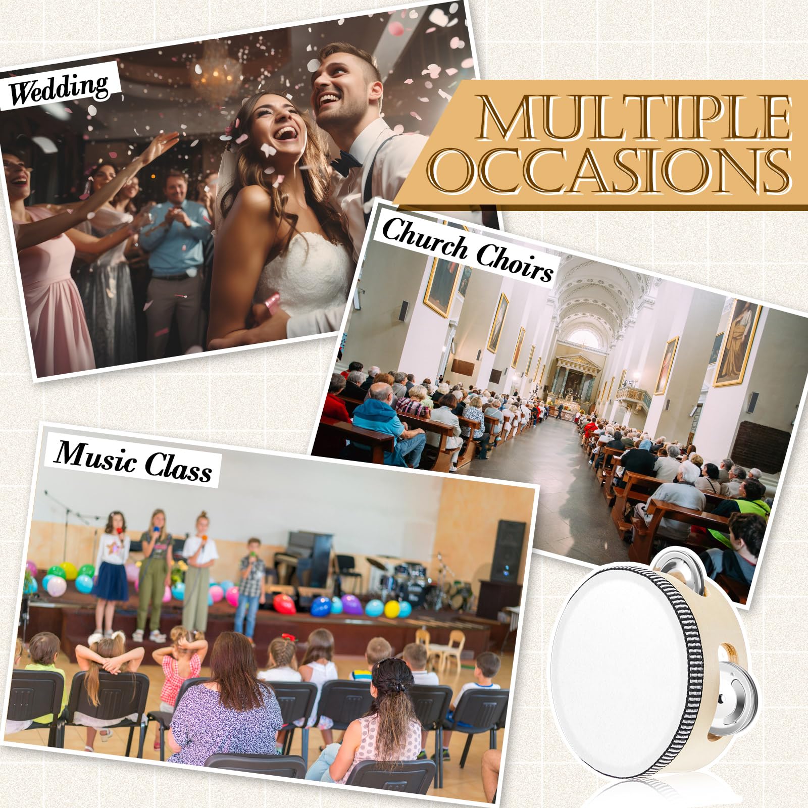 12 Pcs Wedding Tambourine Drum for Adults Hand Held Percussion Gift Wood Metal Jingles Musical Educational Drum Instrument for Church Wedding Party Games(White,4 Inch) 4 Inch White - Image 6