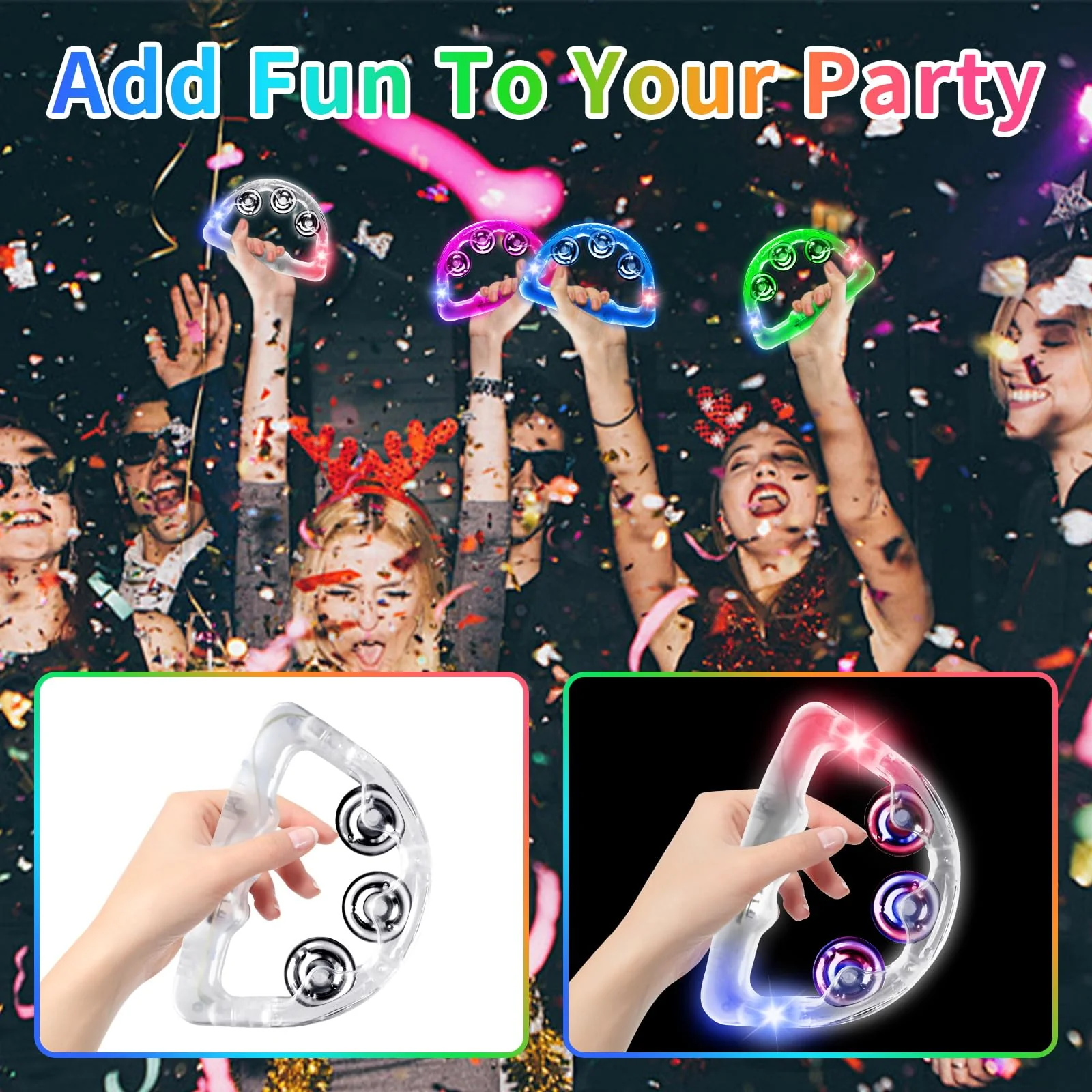 12 Pieces Light Up Tambourine, LED Tambourines for Adults Kids, Musical Flashing Tambourine Glow Tambourines Handheld Percussion Instrument for Wedding Party - Image 5