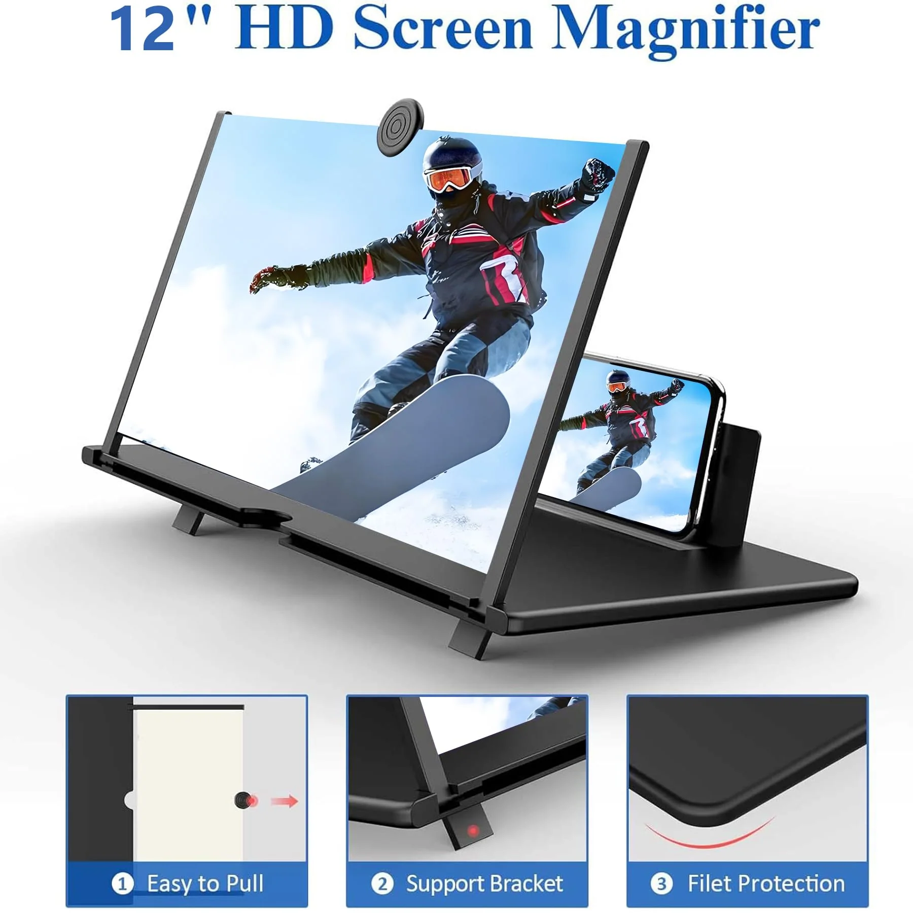 12" Screen Magnifier for Cell Phone,3D HD Magnifying Projector Screen Enlarger for Movies, Videos and Gaming, Foldable Phone Stand Holder with Screen Amplifier, for All Smartphones (Black 12") Black-12" - Image 2