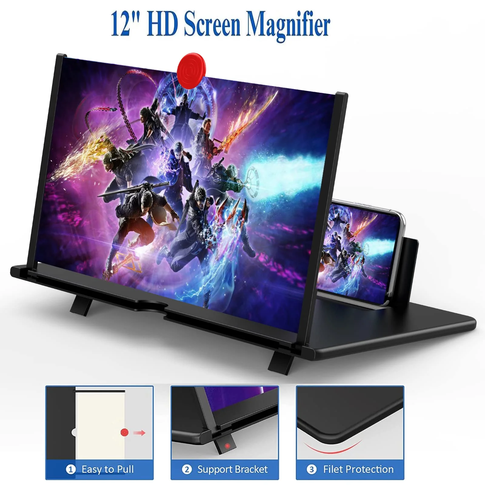 12" Screen Magnifier for Cell Phone,3D Magnifying Projector Screen Enlarger Expander for Movies, Videos, and Gaming, Foldable Phone Stand with Screen Amplifier, Compatible with All Smartphones Black-12inch - Image 2