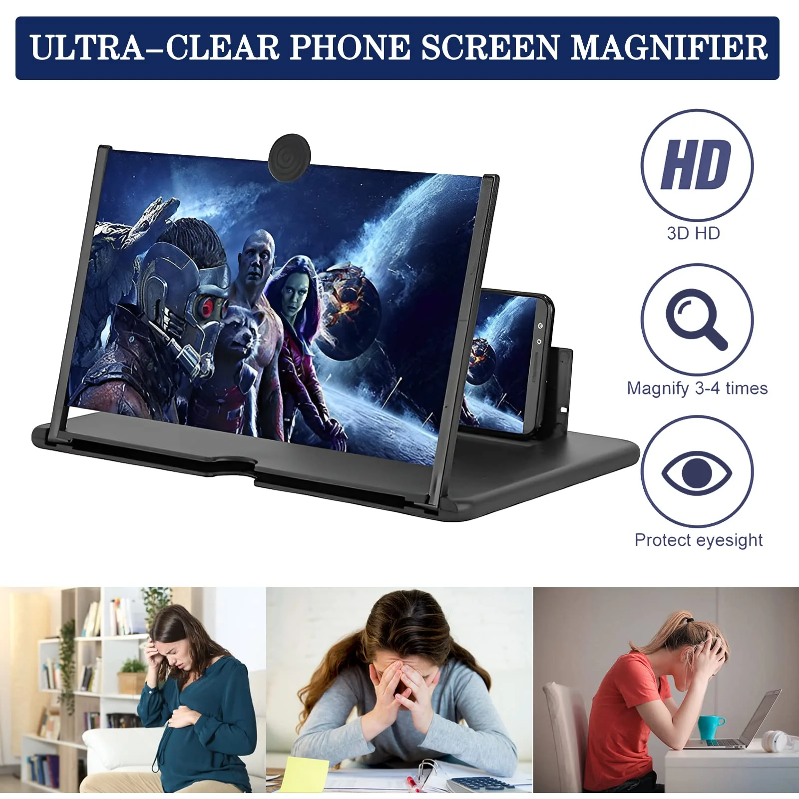 12" Screen Magnifier for Smartphone 3D HD Mobile Phone Screen Magnifier Video Expandable HD Screen Foldable for Watching Movies Videos, Playing Games, for All Smartphones（Black） 12" - Image 2