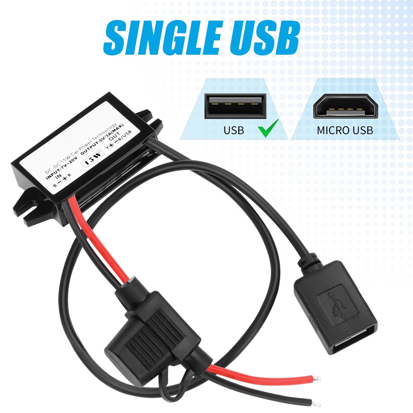 12 V to USB, 12 V to 5 V USB adapter, DC buck converter module 3 A 15 W DC to DC car power converter adapter with fuse (single USB) Single USB with fuse - Image 3