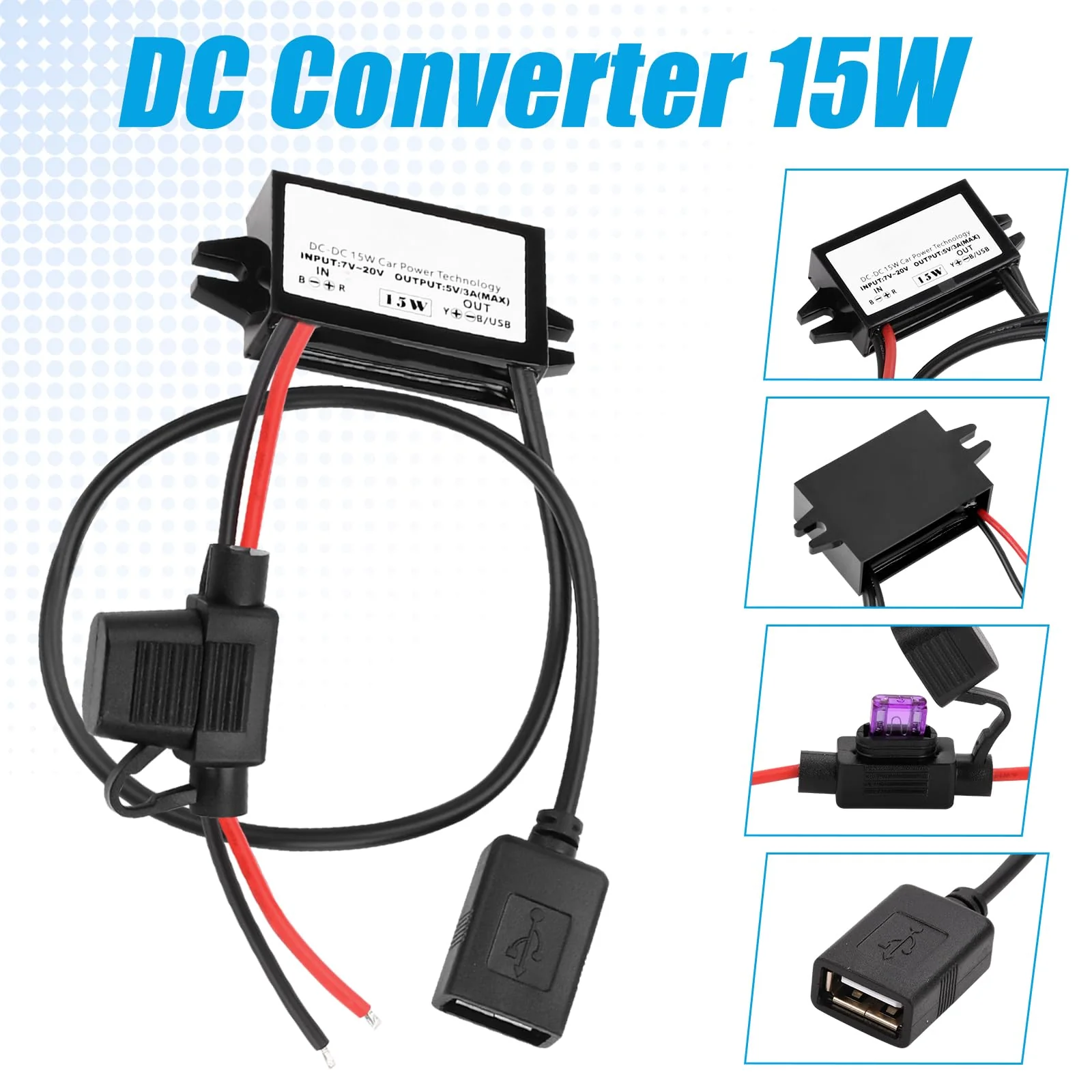 12 V to USB, 12 V to 5 V USB adapter, DC buck converter module 3 A 15 W DC to DC car power converter adapter with fuse (single USB) Single USB with fuse - Image 4