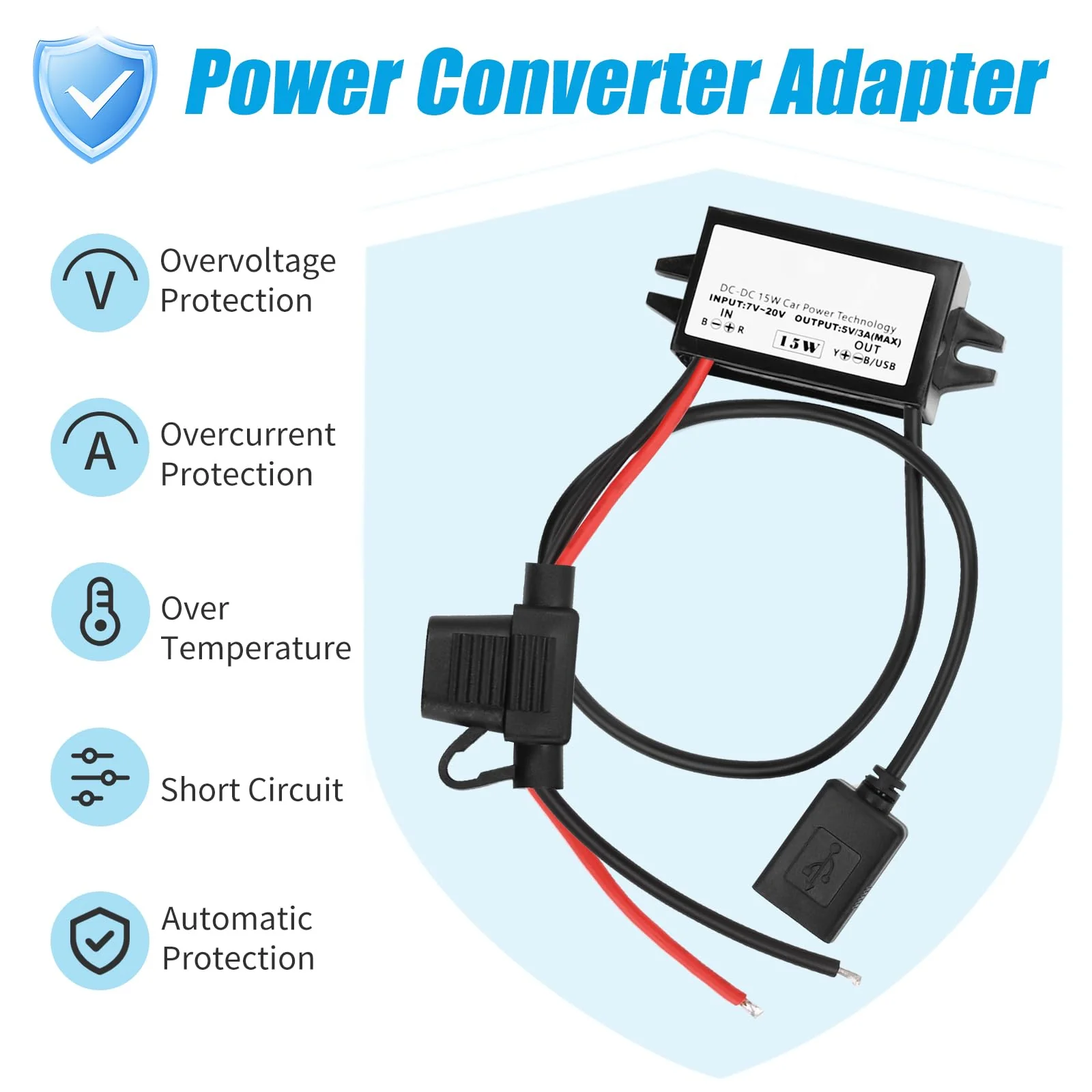 12 V to USB, 12 V to 5 V USB adapter, DC buck converter module 3 A 15 W DC to DC car power converter adapter with fuse (single USB) Single USB with fuse - Image 5