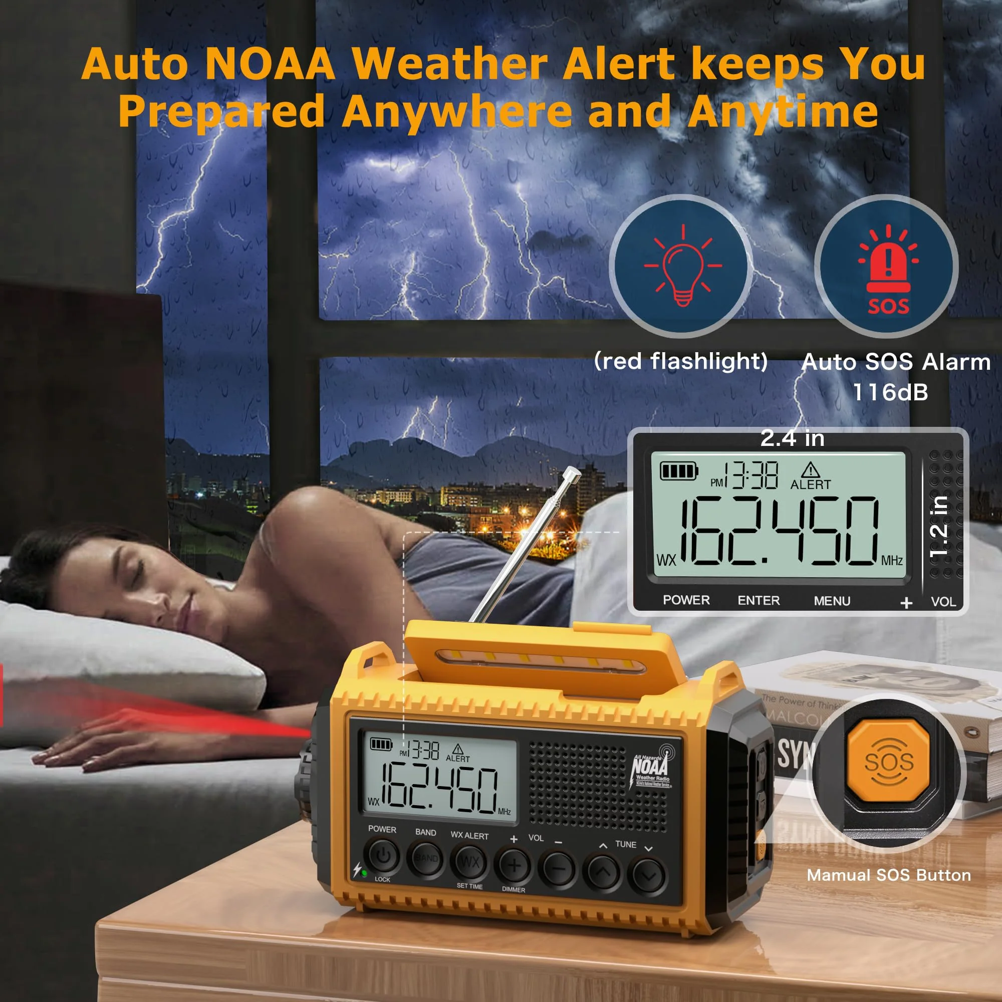 12000mAh NOAA Emergency Weather Radio, Hand Crank Emergency Radio Portable AM FM Shortwave, Solar Rechargeable Battery Powered Radio with USB-C Charger & Adapter, SOS Alert Flashlight for Home Camping 12000mAh Yellow with LCD Display - Image 2