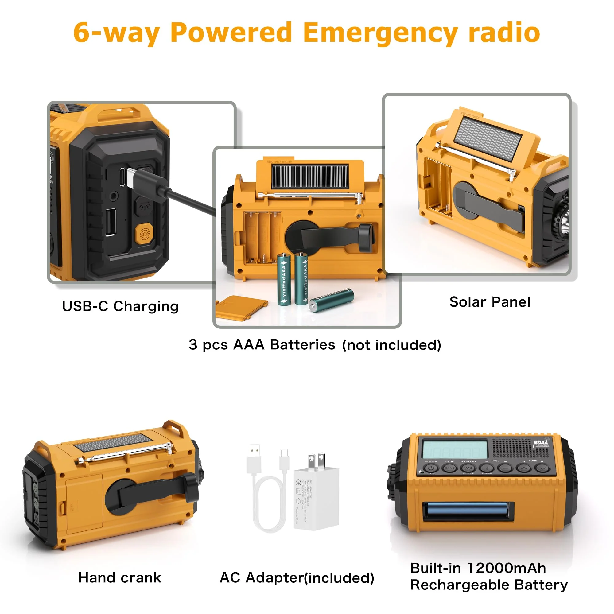 12000mAh NOAA Emergency Weather Radio, Hand Crank Emergency Radio Portable AM FM Shortwave, Solar Rechargeable Battery Powered Radio with USB-C Charger & Adapter, SOS Alert Flashlight for Home Camping 12000mAh Yellow with LCD Display - Image 3