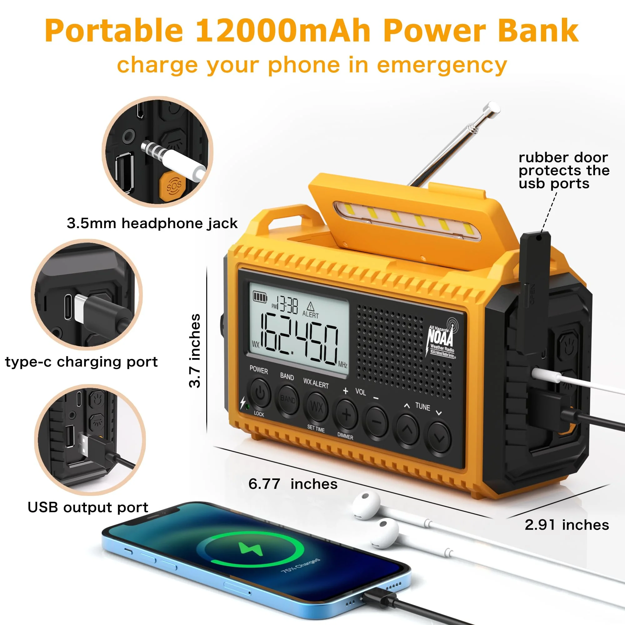 12000mAh NOAA Emergency Weather Radio, Hand Crank Emergency Radio Portable AM FM Shortwave, Solar Rechargeable Battery Powered Radio with USB-C Charger & Adapter, SOS Alert Flashlight for Home Camping 12000mAh Yellow with LCD Display - Image 4