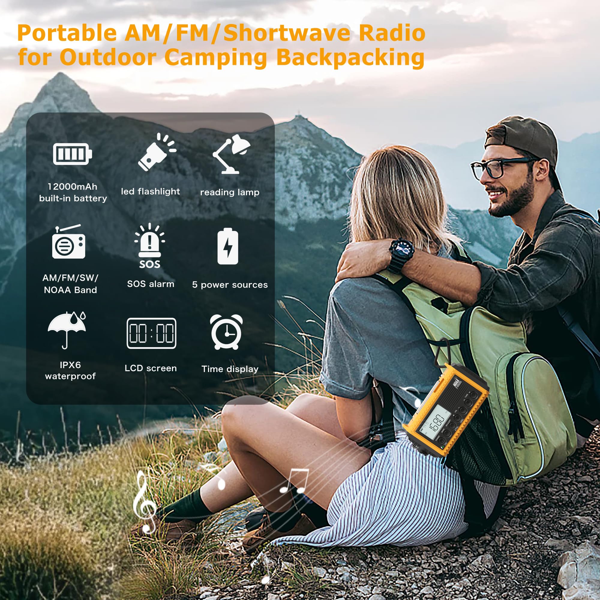 12000mAh NOAA Emergency Weather Radio, Hand Crank Emergency Radio Portable AM FM Shortwave, Solar Rechargeable Battery Powered Radio with USB-C Charger & Adapter, SOS Alert Flashlight for Home Camping 12000mAh Yellow with LCD Display - Image 6