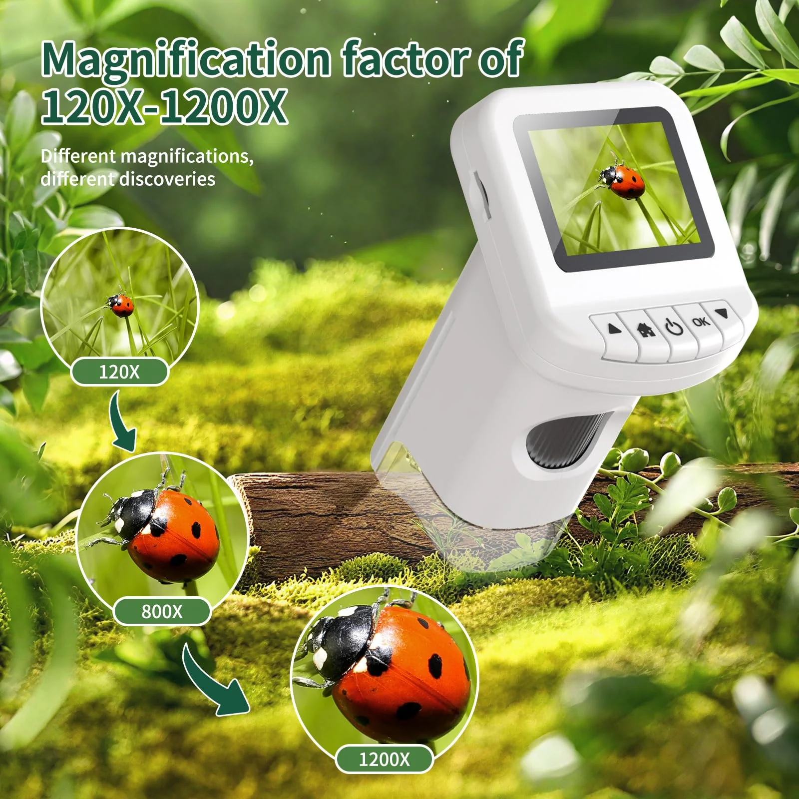 1200X Handheld Portable Microscope for Kids Digital Scope 2.0" Screen Rechargeable STEM Toy Slide Kit Pocket Science Gift for Children Ages 6-12 Students (White) White - Image 3