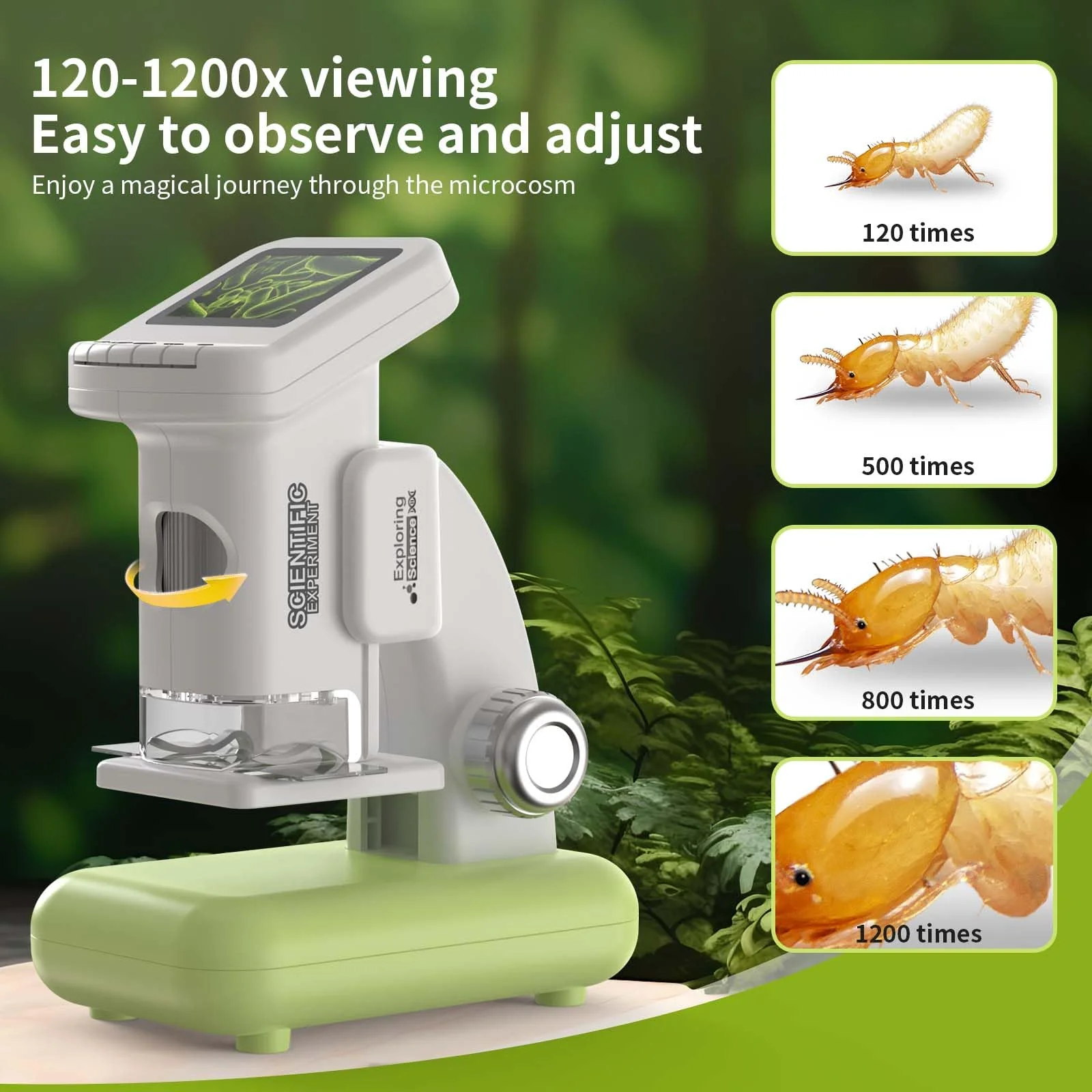 1200X Microscope for Kids 4K with 2 inch Screen STEM Digital Science Kit Rechargeable Handheld Mini Pocket Children Students Slides Portable Gift for Kids Ages 6 to 12 (Green) Green - Image 2