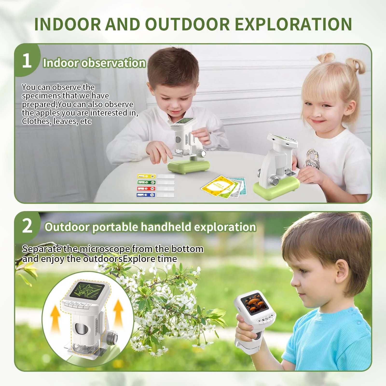 1200X Microscope for Kids 4K with 2 inch Screen STEM Digital Science Kit Rechargeable Handheld Mini Pocket Children Students Slides Portable Gift for Kids Ages 6 to 12 (Green) Green - Image 3