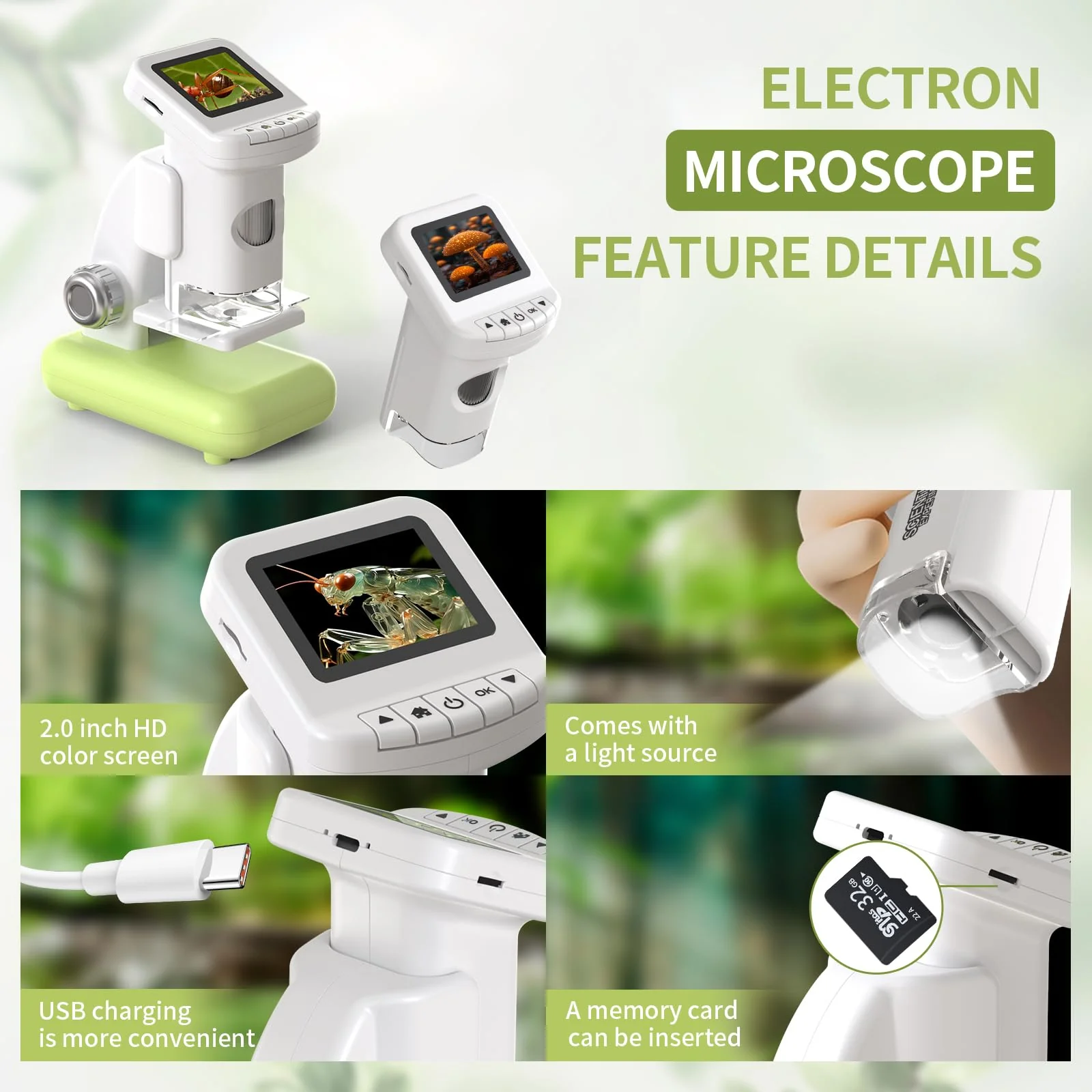 1200X Microscope for Kids 4K with 2 inch Screen STEM Digital Science Kit Rechargeable Handheld Mini Pocket Children Students Slides Portable Gift for Kids Ages 6 to 12 (Green) Green - Image 5