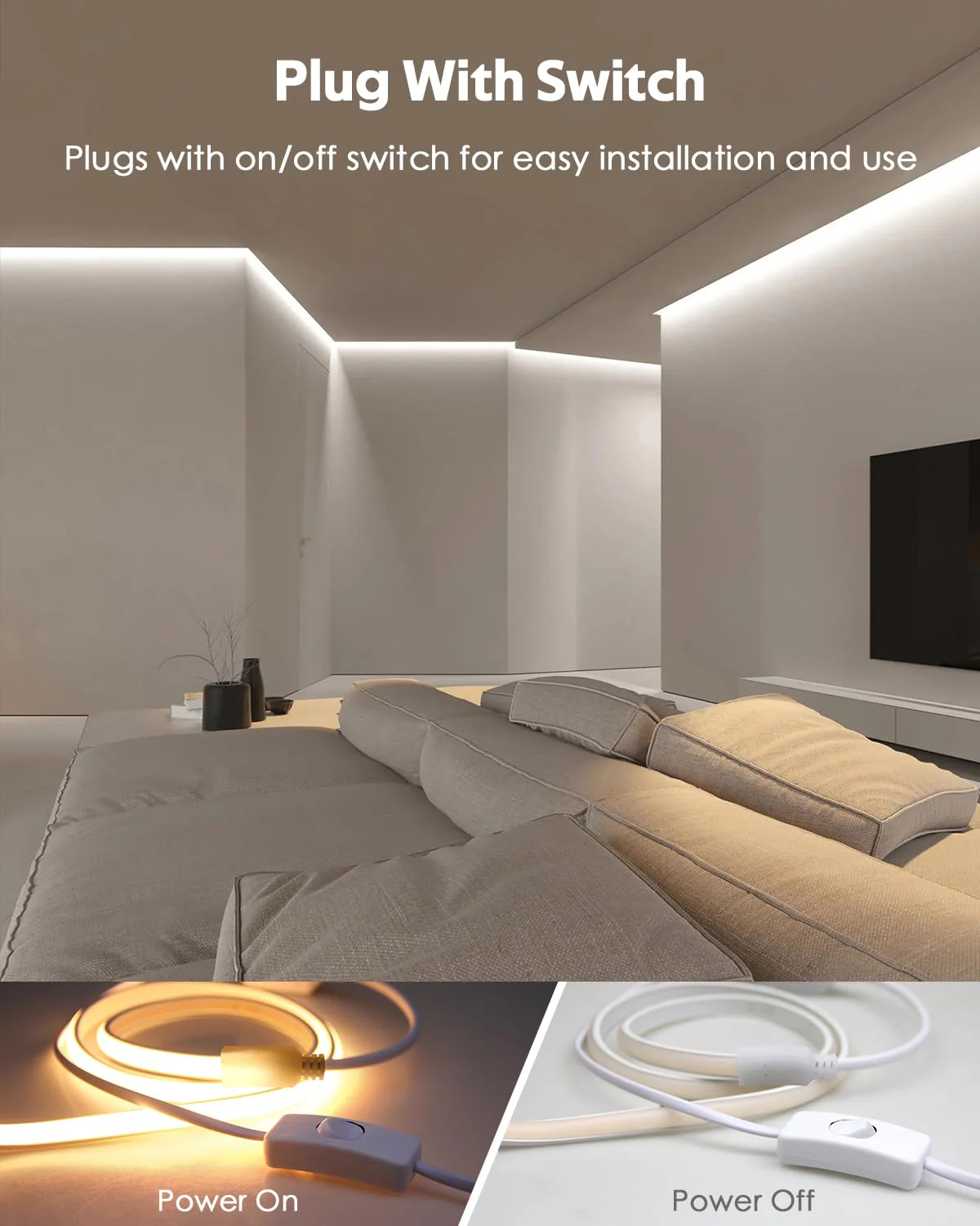 120V COB LED Rope Lights 16.4FT Outdoor LED Strip Lights Waterproof Daylight White 6000K Super Bright Flexible LED Tape Lights with Switch Plug in 288Leds/M for Indoor Exquisite Wall Decor 5M - Image 5