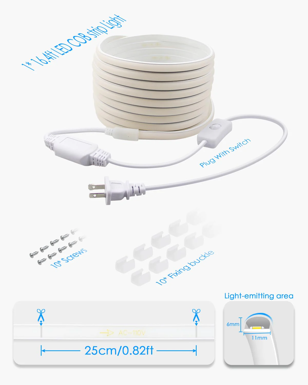 120V COB LED Rope Lights 16.4FT Outdoor LED Strip Lights Waterproof Daylight White 6000K Super Bright Flexible LED Tape Lights with Switch Plug in 288Leds/M for Indoor Exquisite Wall Decor 5M - Image 7