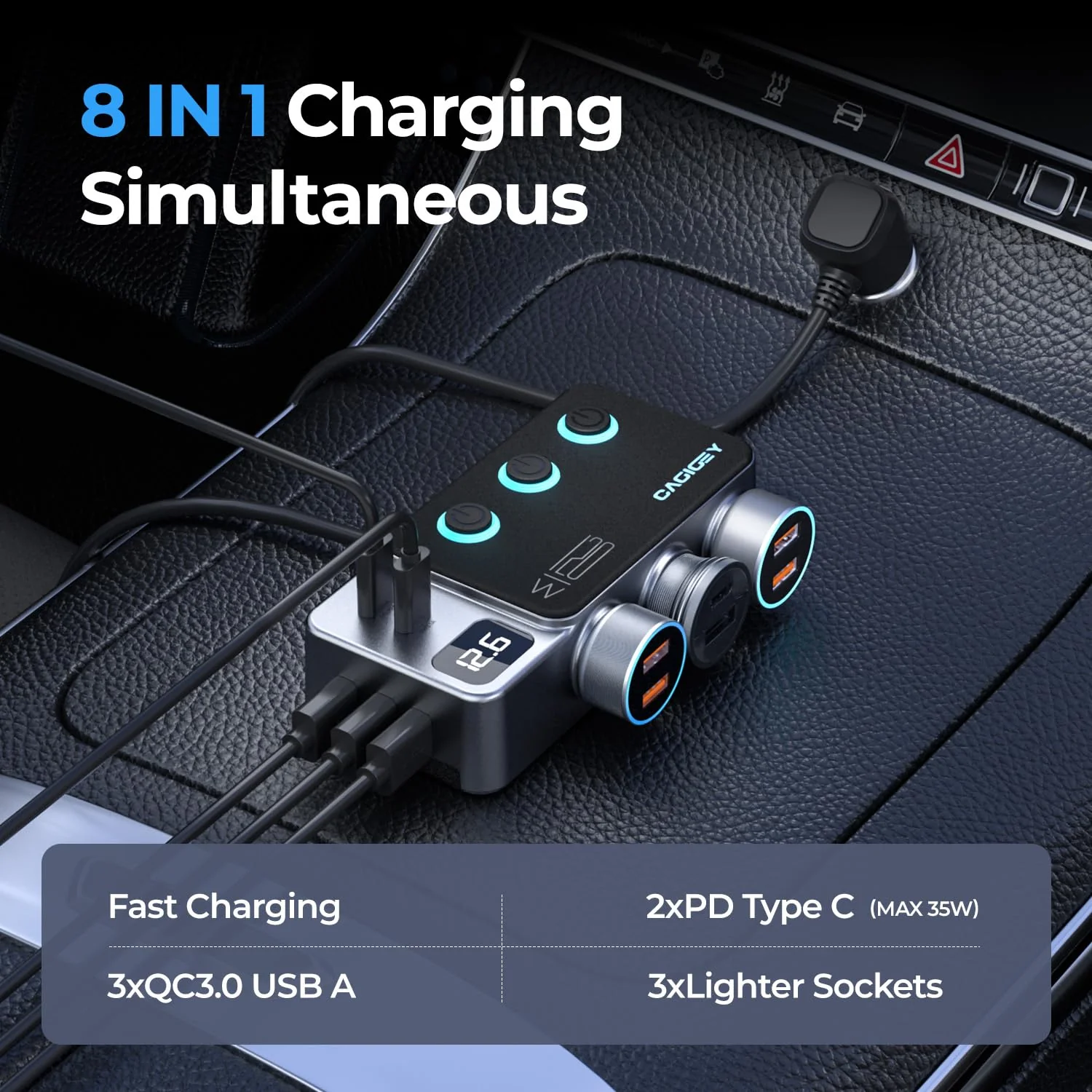 120W 8 in 1 Cigarette Lighter Splitter,Cagigey Car Super Fast Charger Adapter with Type-C QC3.0 PD35W Charging,Multi Port Plug Outlet,Independent Switches, LED Display,3.3FT Cable - Image 2