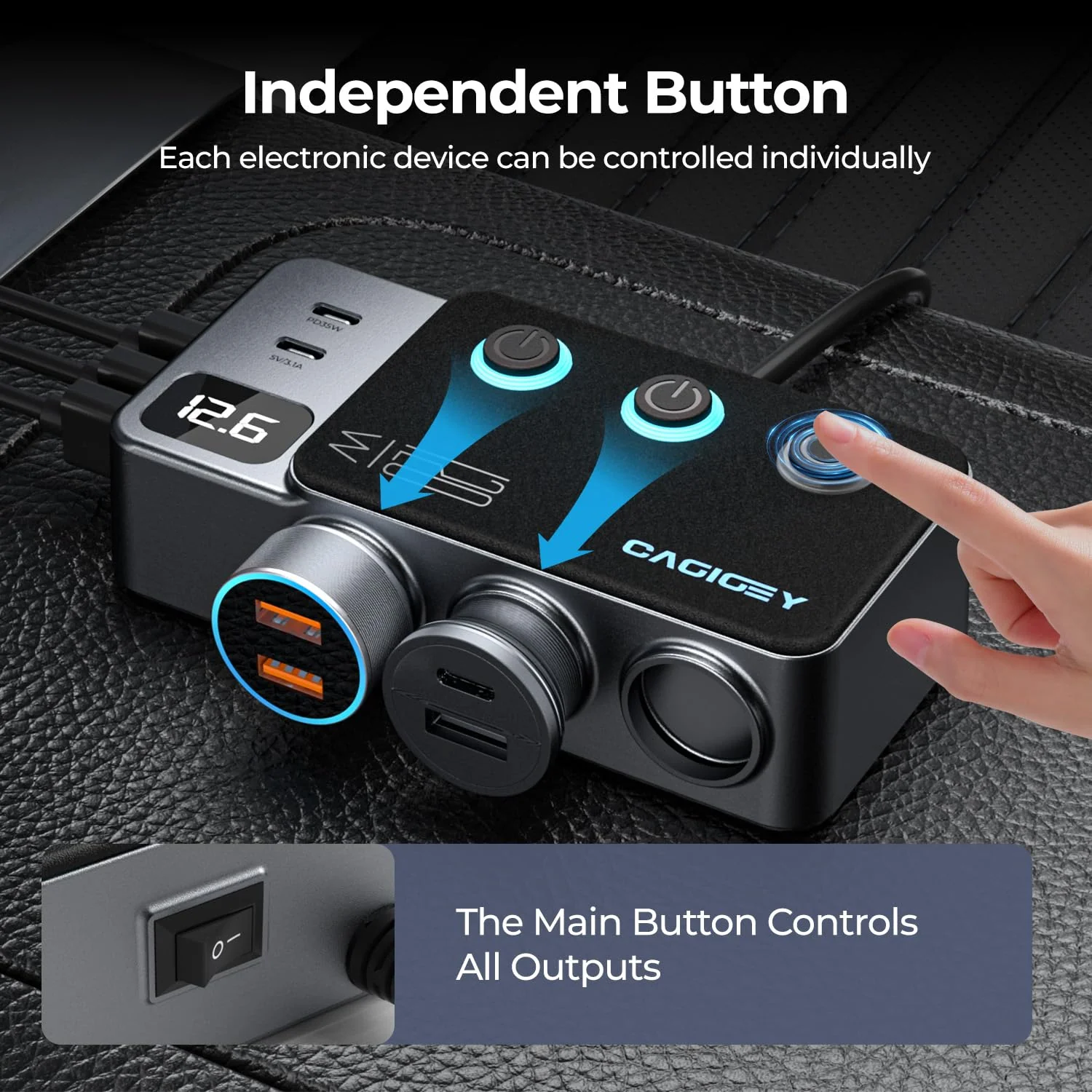 120W 8 in 1 Cigarette Lighter Splitter,Cagigey Car Super Fast Charger Adapter with Type-C QC3.0 PD35W Charging,Multi Port Plug Outlet,Independent Switches, LED Display,3.3FT Cable - Image 3
