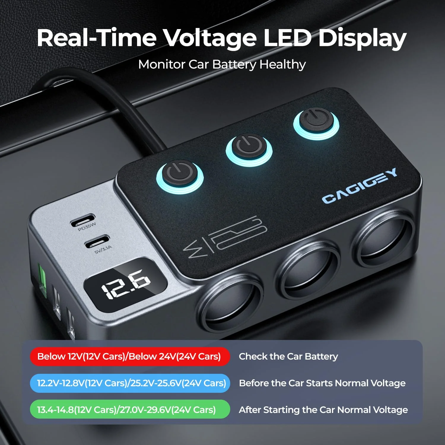 120W 8 in 1 Cigarette Lighter Splitter,Cagigey Car Super Fast Charger Adapter with Type-C QC3.0 PD35W Charging,Multi Port Plug Outlet,Independent Switches, LED Display,3.3FT Cable - Image 4