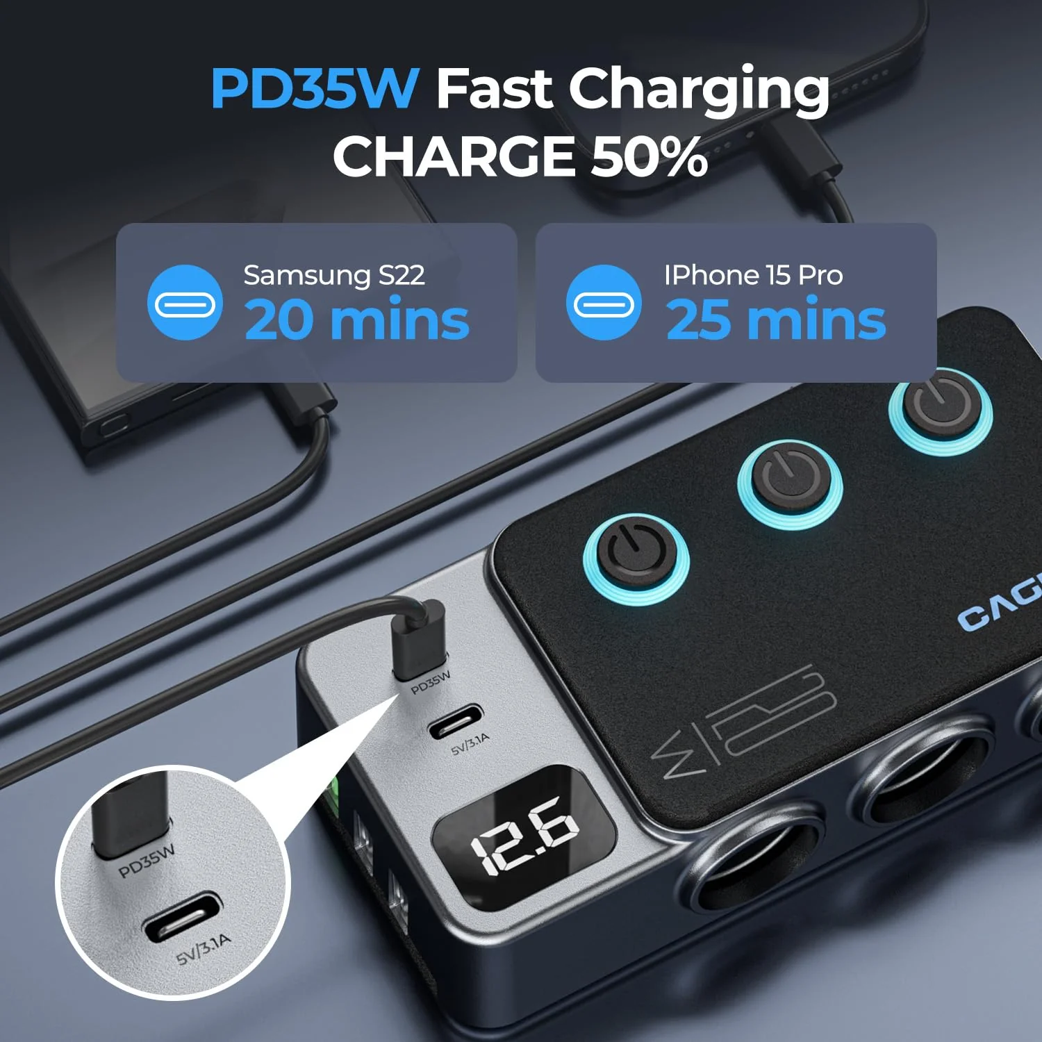 120W 8 in 1 Cigarette Lighter Splitter,Cagigey Car Super Fast Charger Adapter with Type-C QC3.0 PD35W Charging,Multi Port Plug Outlet,Independent Switches, LED Display,3.3FT Cable - Image 6
