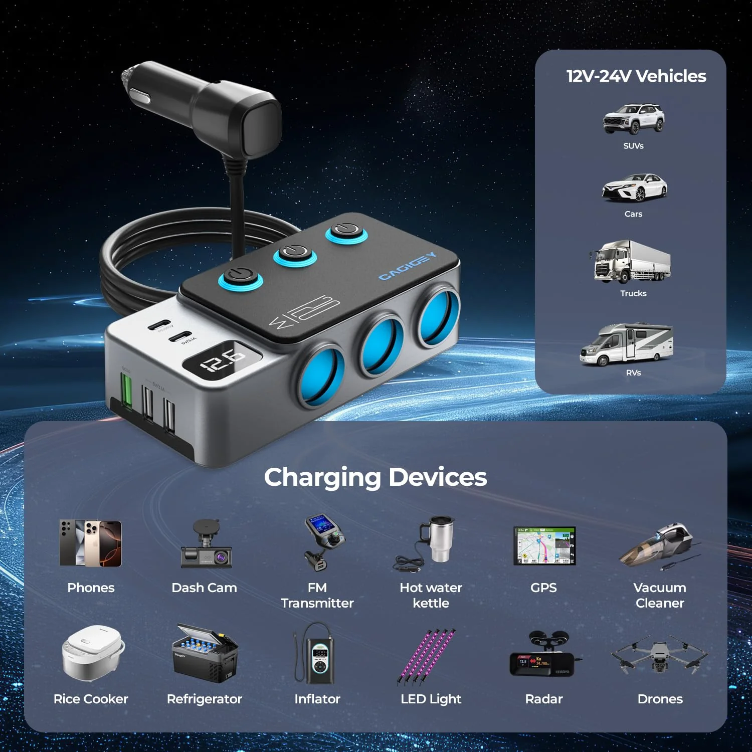 120W 8 in 1 Cigarette Lighter Splitter,Cagigey Car Super Fast Charger Adapter with Type-C QC3.0 PD35W Charging,Multi Port Plug Outlet,Independent Switches, LED Display,3.3FT Cable - Image 7