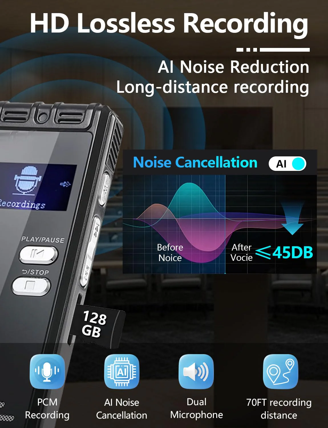 128GB Digital Voice Activated Recorder with Playback - 9104 Hours Audio Recorder, 3072 Kbps HD Recording and Noise-Canceling Voice-Activated Recording, Audio Recording Device for Lectures/Meeting 128GB - Image 2