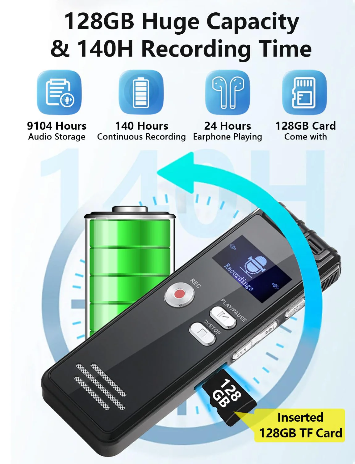 128GB Digital Voice Activated Recorder with Playback - 9104 Hours Audio Recorder, 3072 Kbps HD Recording and Noise-Canceling Voice-Activated Recording, Audio Recording Device for Lectures/Meeting 128GB - Image 3