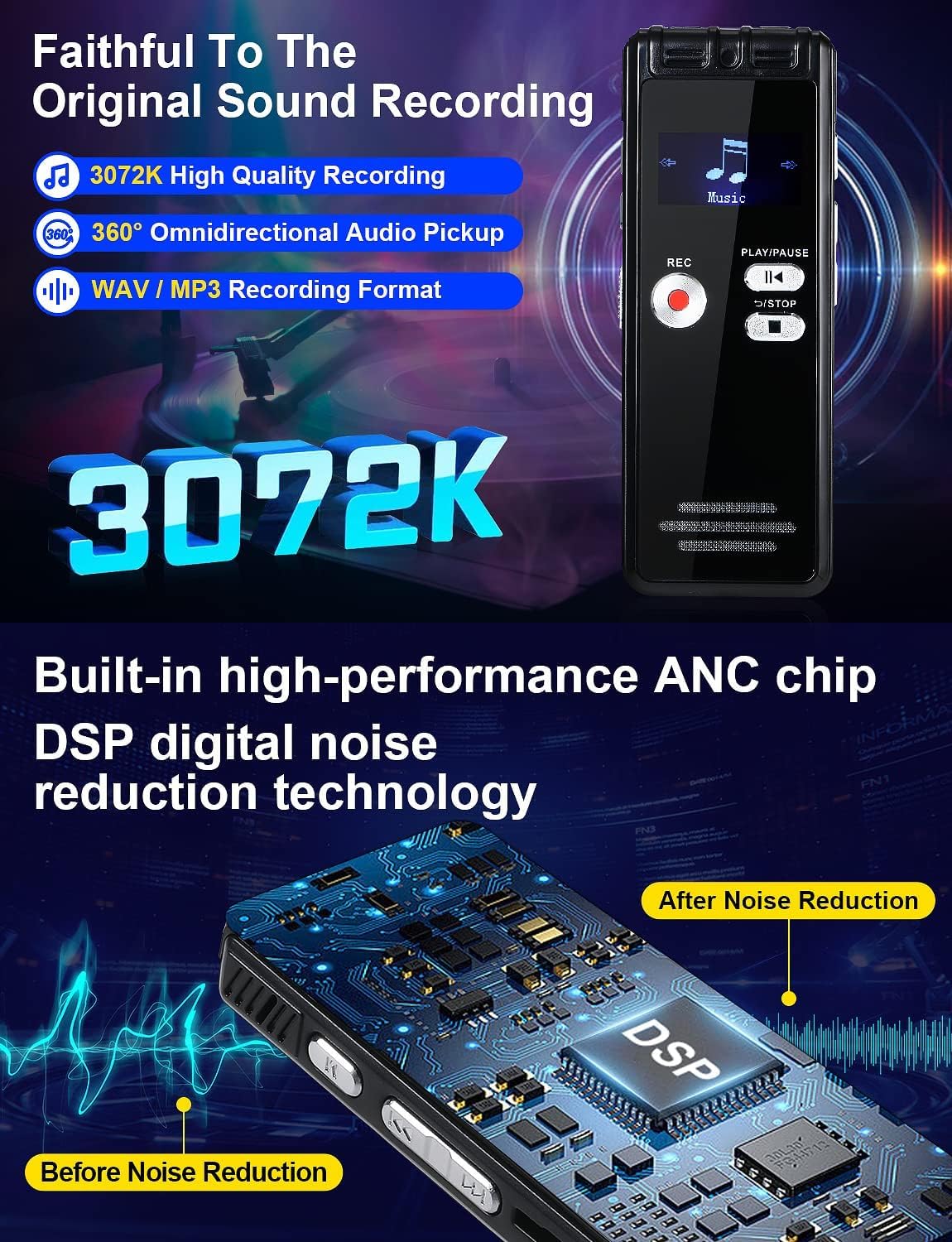 128GB Digital Voice Activated Recorder with Playback - 9104 Hours Audio Recorder, 3072 Kbps HD Recording and Noise-Canceling Voice-Activated Recording, Audio Recording Device for Lectures/Meeting 128GB - Image 7