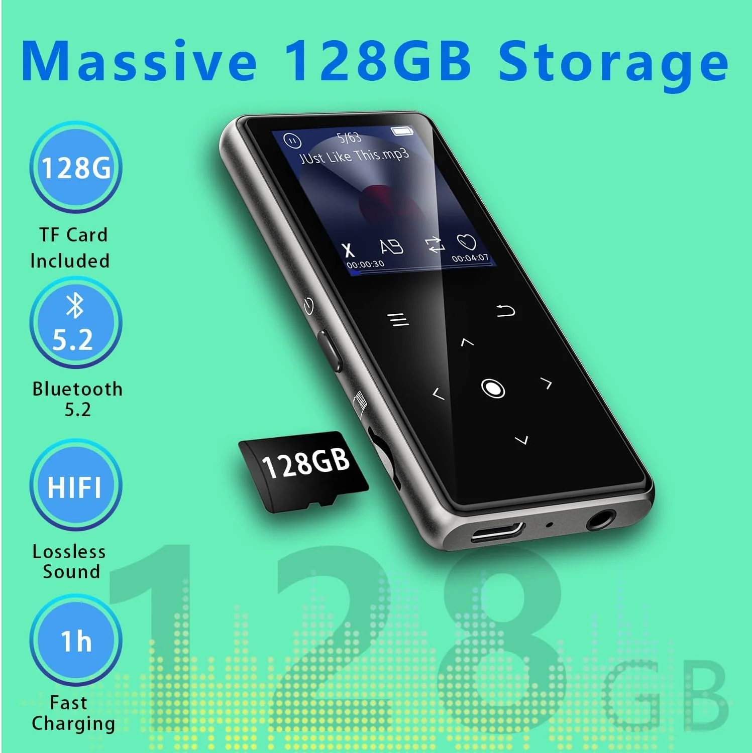 128GB MP3 Player with Bluetooth 5.2, AiMoonsa Music Player with Built-in HD Speaker, FM Radio, Voice Recorder, HiFi Sound, E-Book, Earphones Included Black - 128GB - Image 3