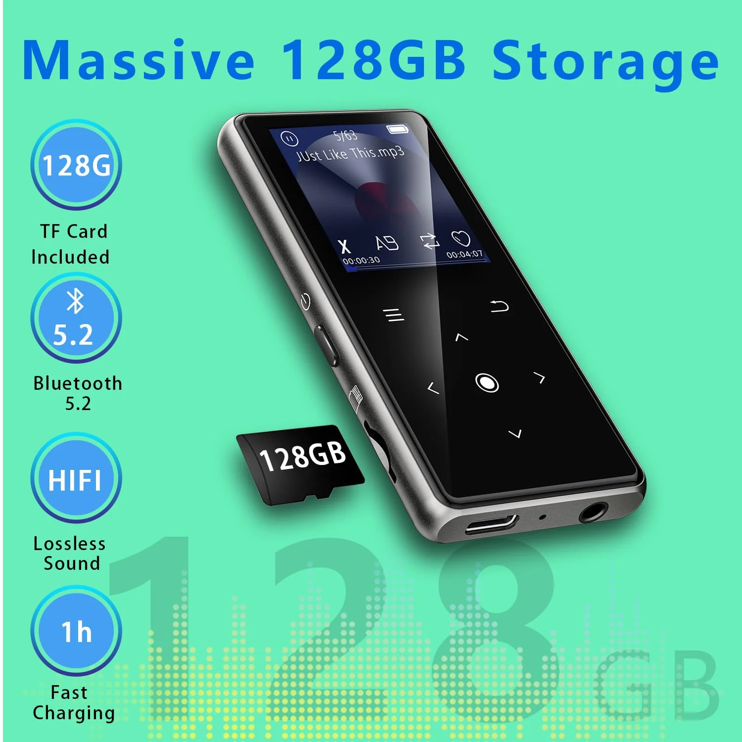 128GB MP3 Player with Bluetooth 5.2, AiMoonsa Music Player with Built-in HD Speaker, FM Radio, Voice Recorder, HiFi Sound, E-Book Function, Earphones Included (Black 128G) Black 128G - Image 3