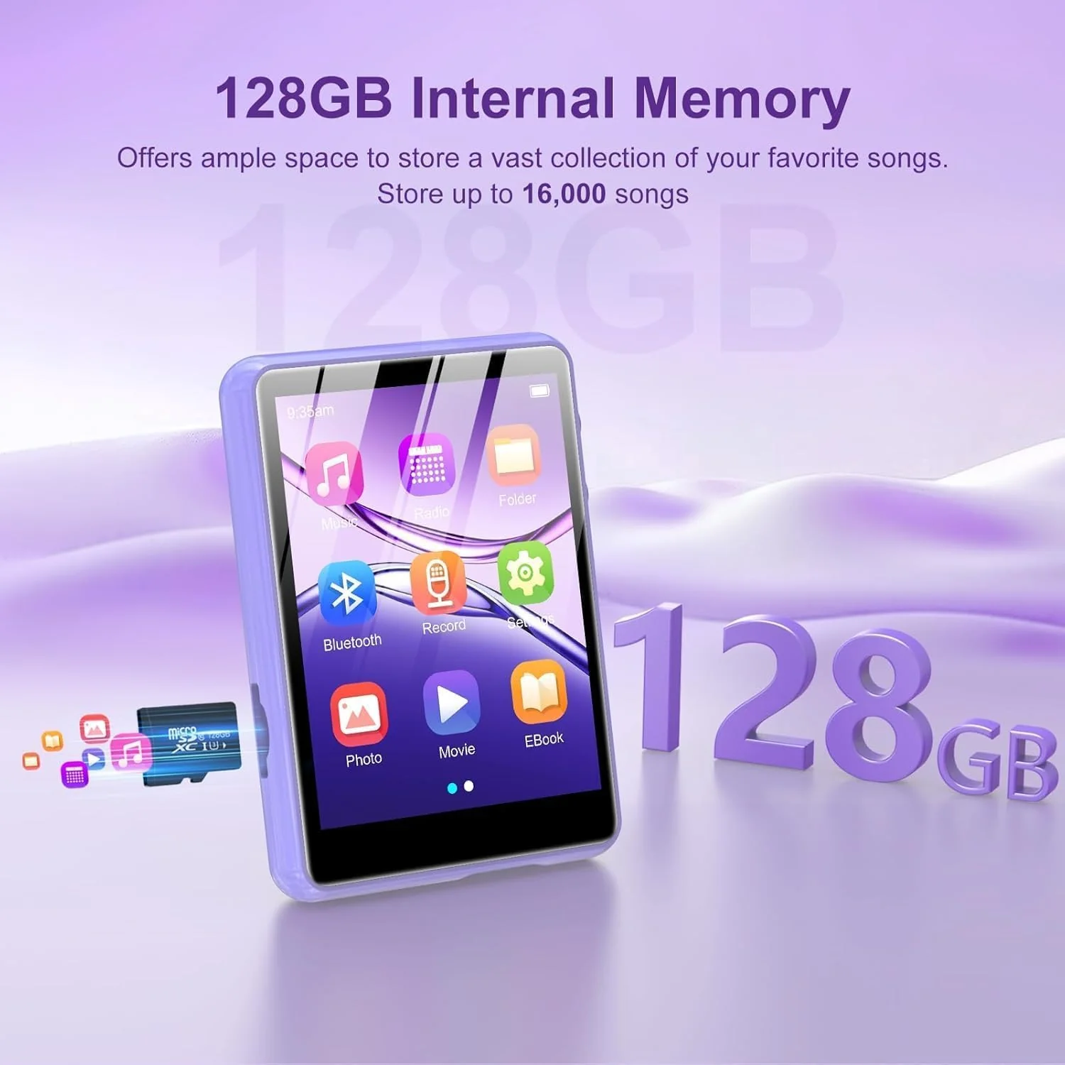 128GB MP3 Player with Bluetooth 5.4, ZAQE 2.4" Portable Multifunctional Music Bluetooth MP3 Player with Speaker, FM Radio, Voice Recorder, Alarm Clock 128GB-Purple - Image 3