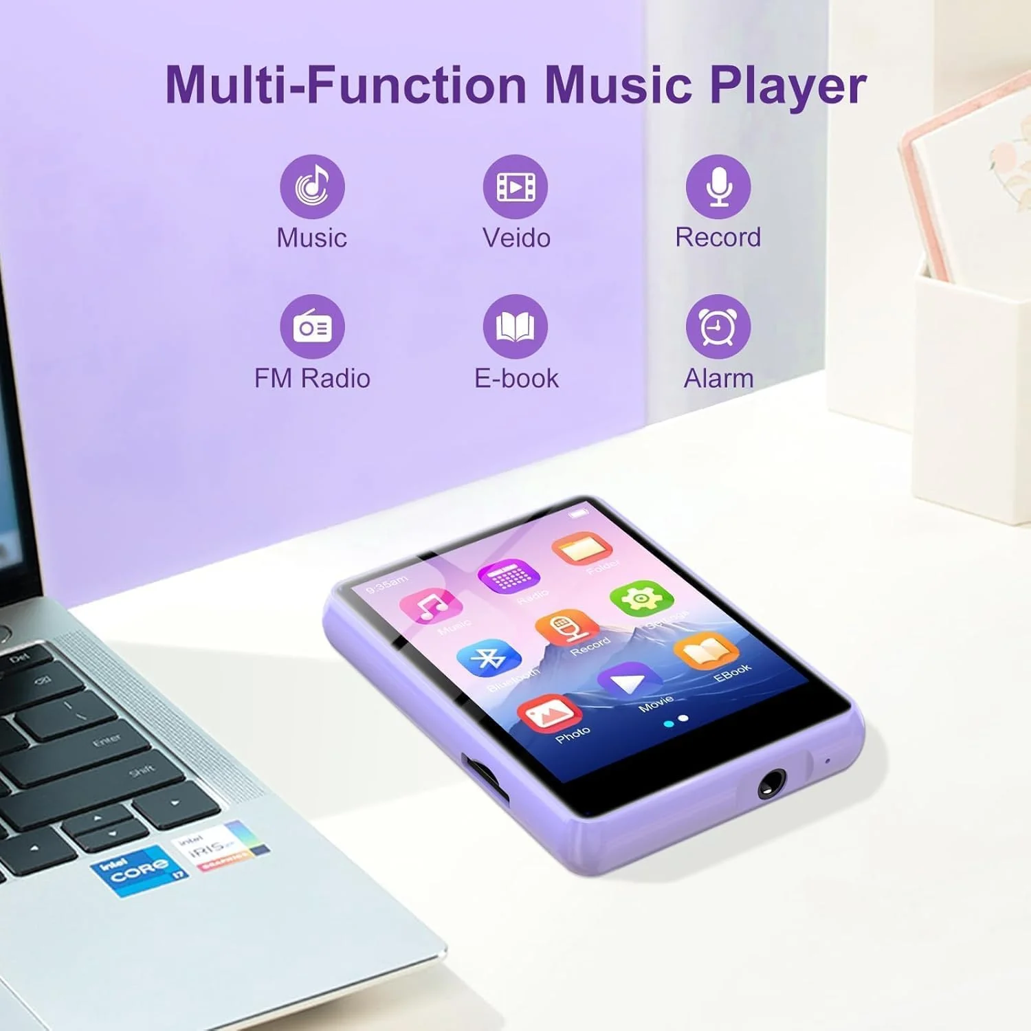 128GB MP3 Player with Bluetooth 5.4, ZAQE 2.4" Portable Multifunctional Music Bluetooth MP3 Player with Speaker, FM Radio, Voice Recorder, Alarm Clock 128GB-Purple - Image 6