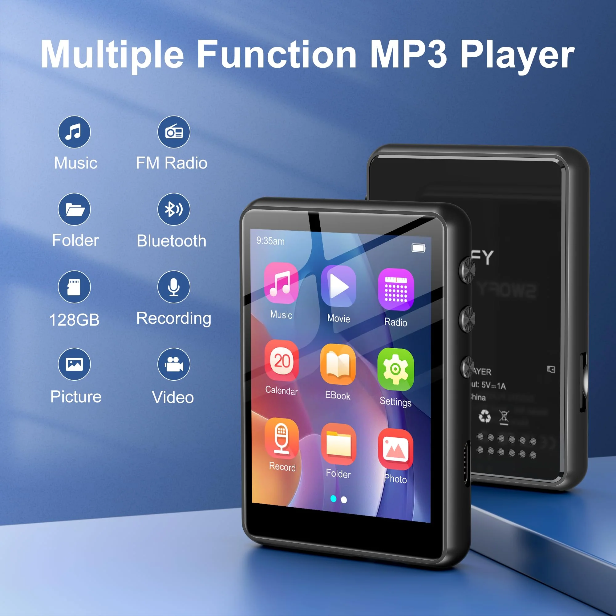 128GB MP3 Player with Bluetooth Black- SWOFY M4 Music Player with Bluetooth 5.4, 2.4" Portable HiFi MP3 Player with FM Radio, HD Speaker, E-Book,Voice Recorder, Digital Music Player Earphones Included 2.4" Black-128GB - Image 6