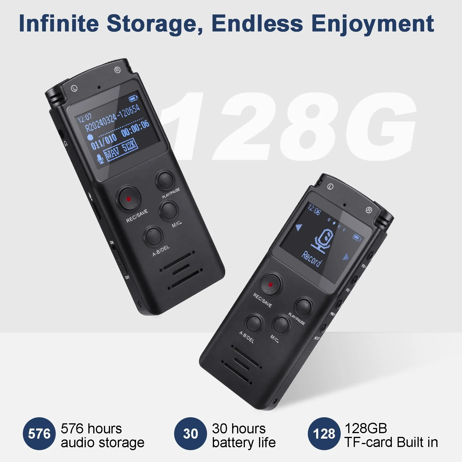 128GB Ultra-Large Screen Digital Voice Recorder Voice Activated Recorder for Lectures Meetings Classes, Audio Recorder with Playback, Password, Variable Speed, Tape Recorder USB Charge, MP3 - Image 6