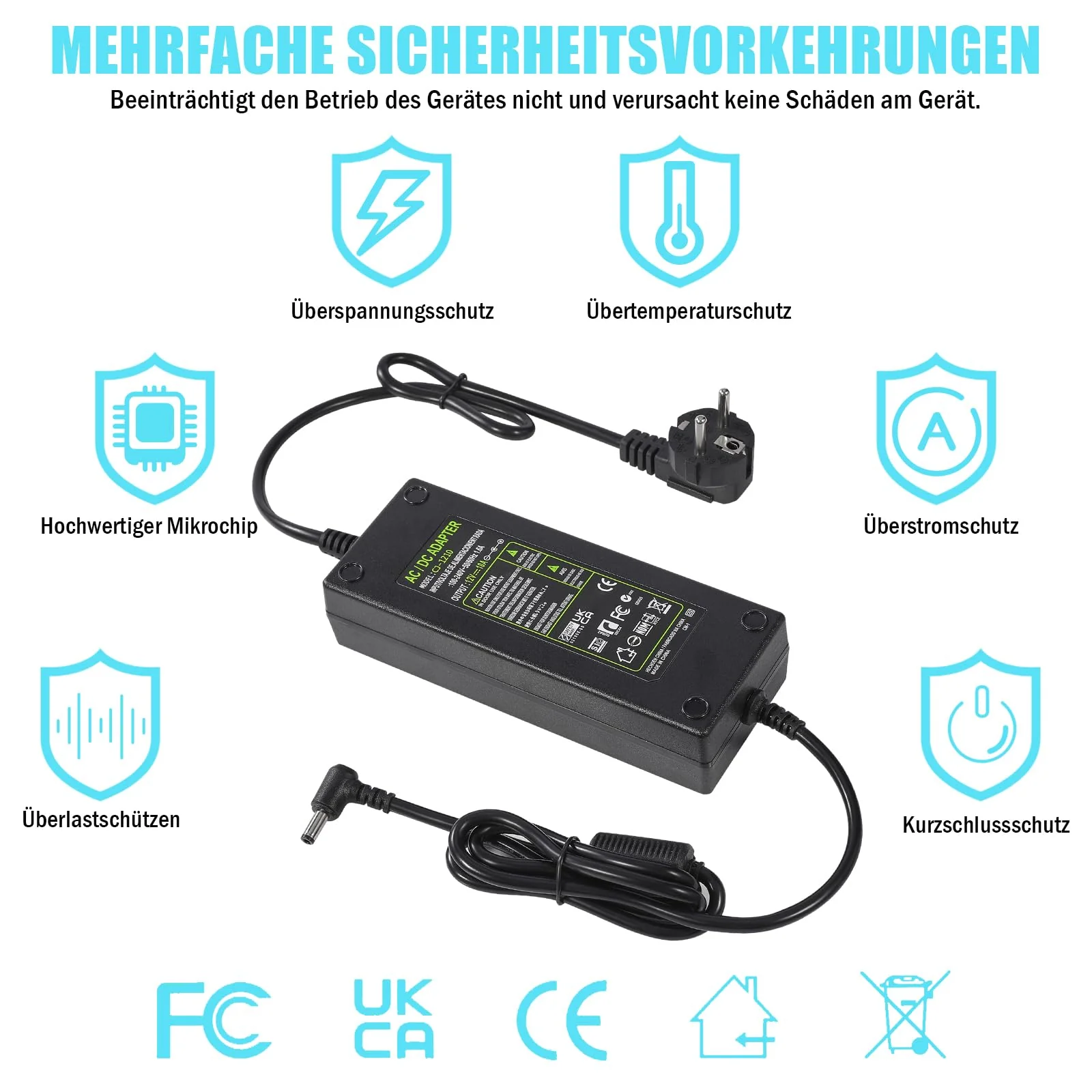 12V 10A Power Supply Adapter, AC 100V-240V to DC 12V 10A 120W Voltage Converter LED Transformer Power Supply 5.5 mm x 2.5/2.1 mm Plug for LED Strip Module Light CCTV Cameras 3D Printer 12 V, 10 A, 120 W - Image 5