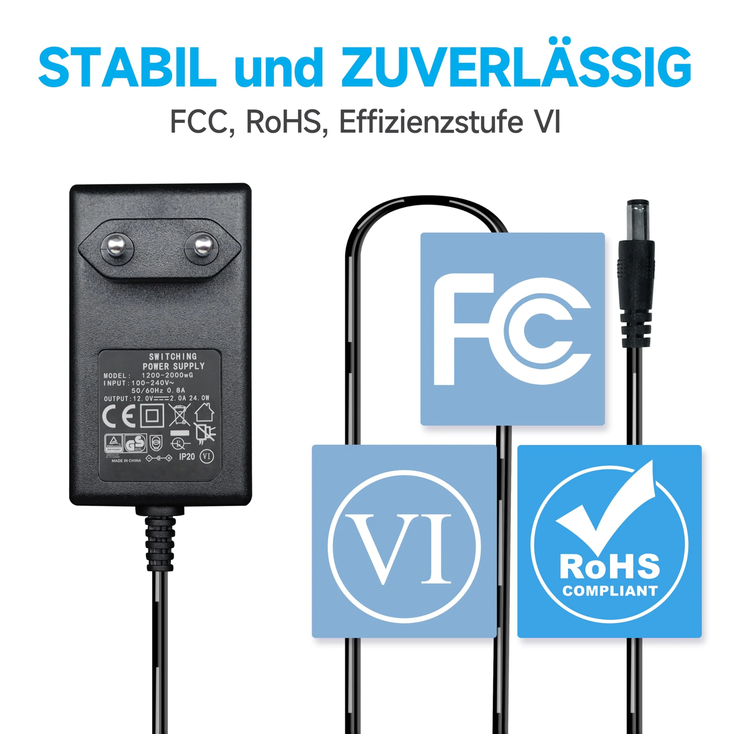 12V 2A/2000mA Power Supply Adapter, AC 100-240V 50/60Hz to DC 12V 2A/2000mA 24W, 5.5 x 2.1mm Wall Charger, Middle Positive, 1.8m Long 20AWG Cable for Stable and Flexible Use 12V-2A - Image 3