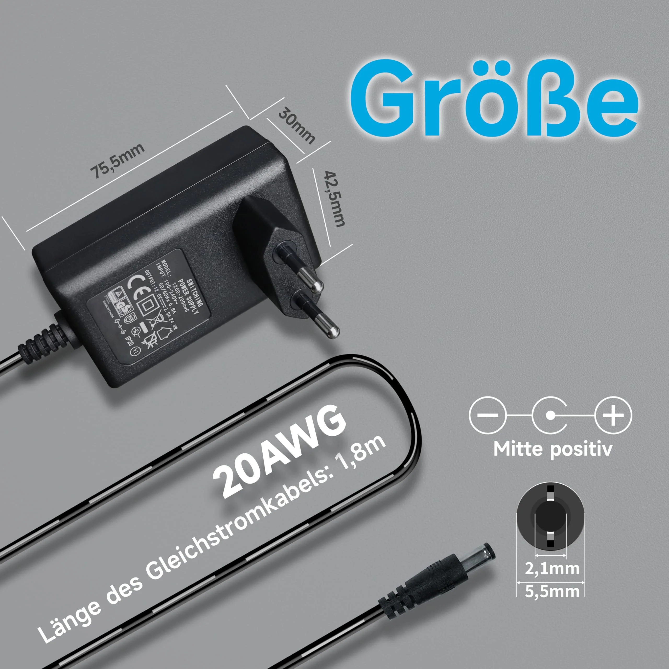 12V 2A/2000mA Power Supply Adapter, AC 100-240V 50/60Hz to DC 12V 2A/2000mA 24W, 5.5 x 2.1mm Wall Charger, Middle Positive, 1.8m Long 20AWG Cable for Stable and Flexible Use 12V-2A - Image 6