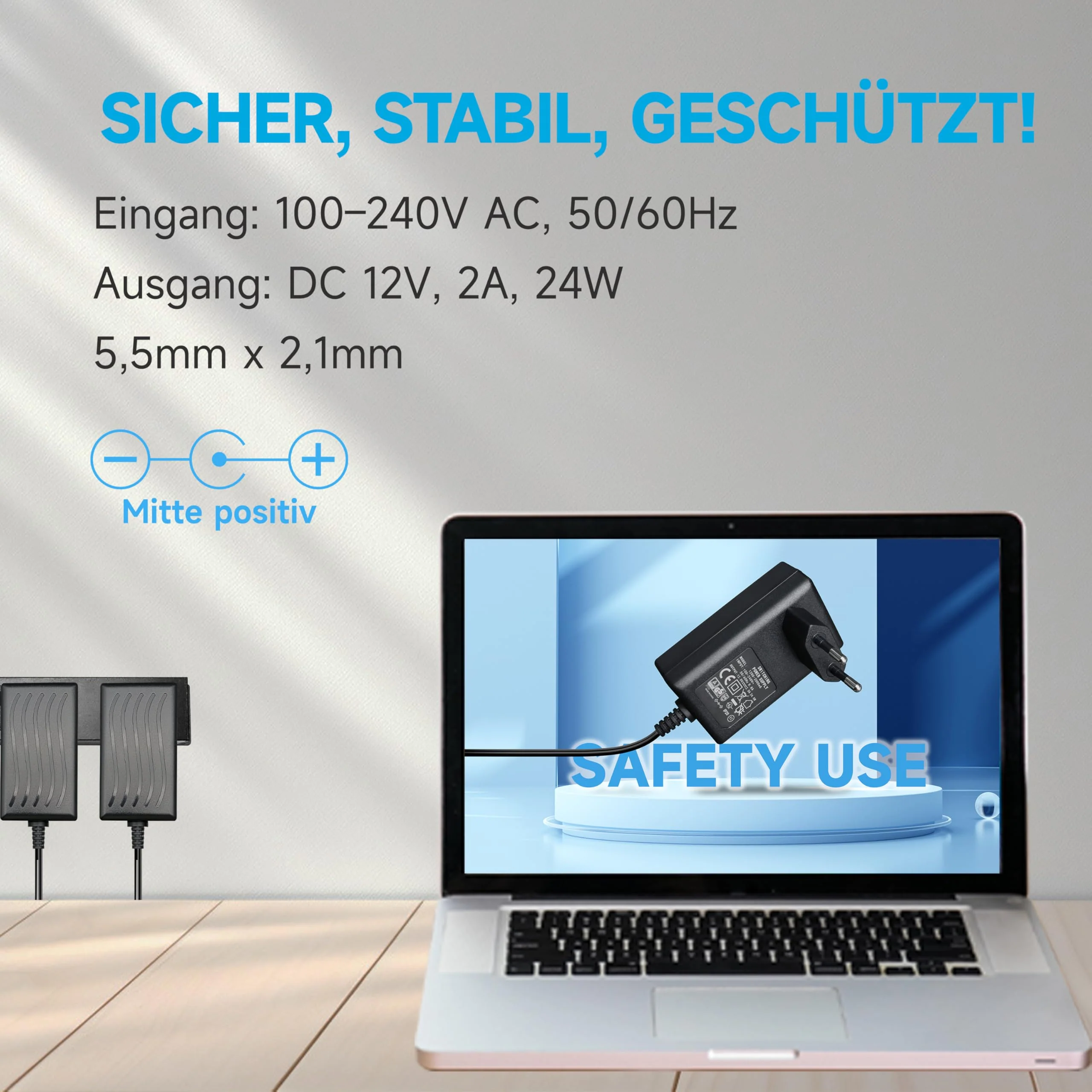 12V 2A/2000mA Power Supply Adapter, AC 100-240V 50/60Hz to DC 12V 2A/2000mA 24W, 5.5 x 2.1mm Wall Charger, Middle Positive, 1.8m Long 20AWG Cable for Stable and Flexible Use 12V-2A - Image 7