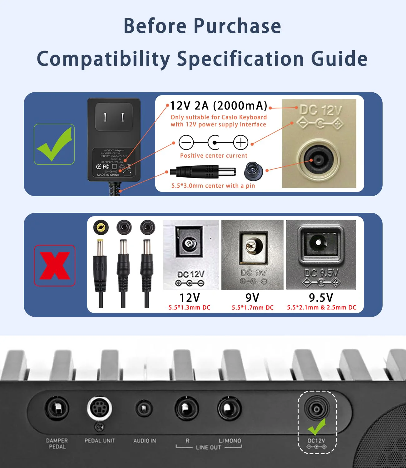 12V 2A Ac Dc Adapter for Casio Privia Power Cord, Compatible with Casio Digital Piano Keyboard AD-A12150LW, AD-A1215LW PX-130 PX-350 PX-160 PX-150 CDP-120 CTK-6000 CTK-6300 CTK-7200 Power Supply - Image 2