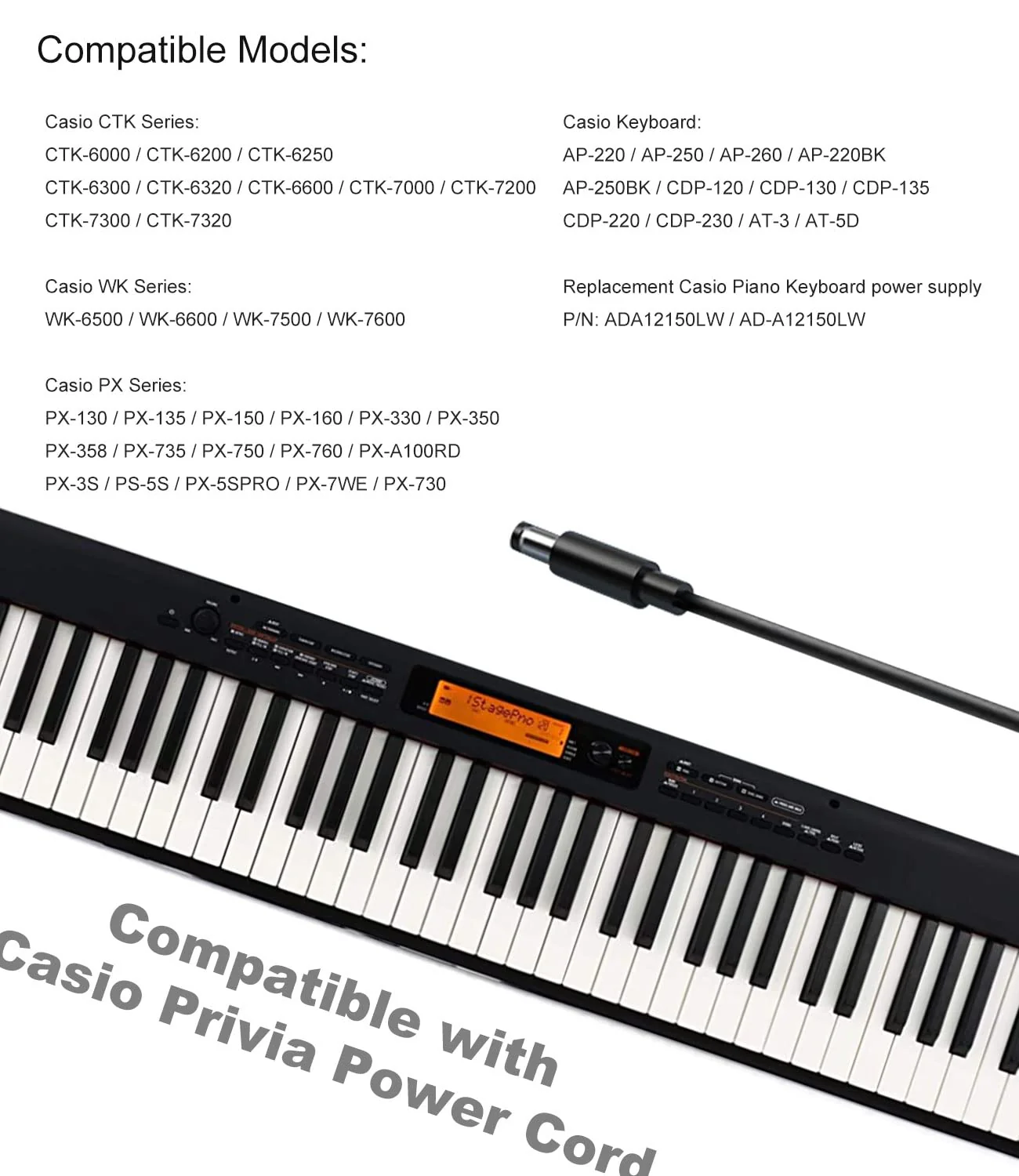12V 2A Ac Dc Adapter for Casio Privia Power Cord, Compatible with Casio Digital Piano Keyboard AD-A12150LW, AD-A1215LW PX-130 PX-350 PX-160 PX-150 CDP-120 CTK-6000 CTK-6300 CTK-7200 Power Supply - Image 3