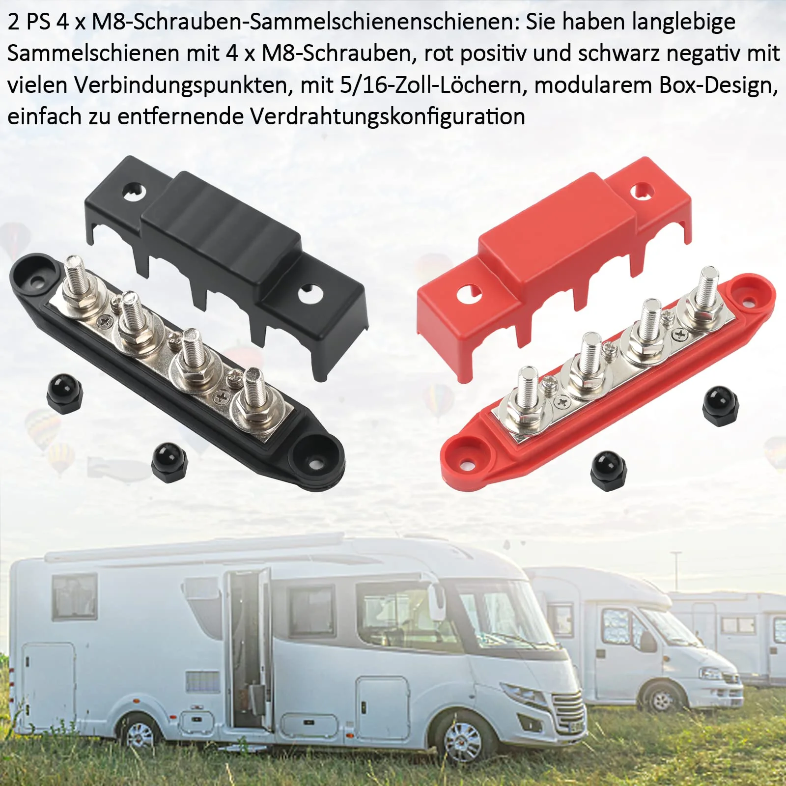 12V-48V DC BusBar Distribution Block 250A BusBar Box with 4 x M8 Terminal Bolts High Performance Module, Power Distribution Block Grounding Current for Car RV Boat Yacht (Red Black, 2 Pieces) 1 - Image 3