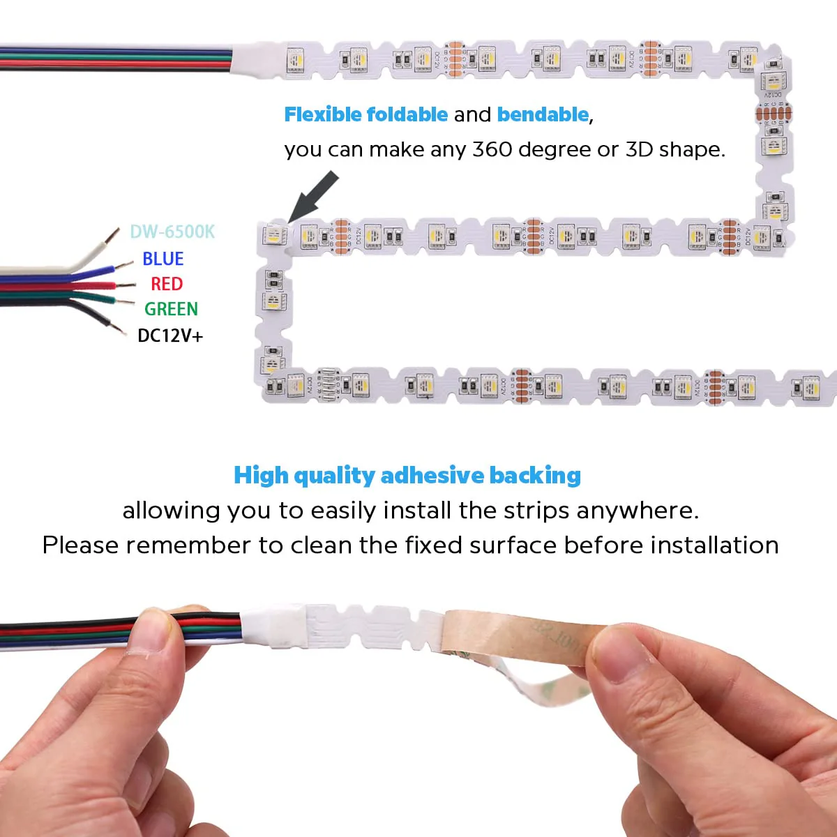 12V 4in1 RGBW LED Strip Lights 360° Bending S Shape RGB+6000K Daylight 16.4ft 240LEDs Dimmable RGBW Color Changing LED Light Strips for DIY Letters Irregular Lighting (RGB+6000K) - Image 3