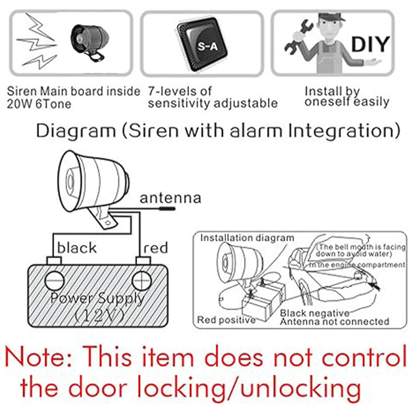 12V Car Alarm System, Anti-Theft Horn Siren with 7-Levels Sensitivity Universal Security Protection System Vehicle Alarm System with Sound - Image 5