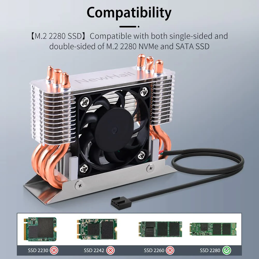 12V M.2 2280 SSD Heatsink with 40mm PWM Cooling Fan, Copper Heat Pipes and Thermal Pad, SSD Cooler for M.2 2280 NVMe & SATA SSD Only - Image 2