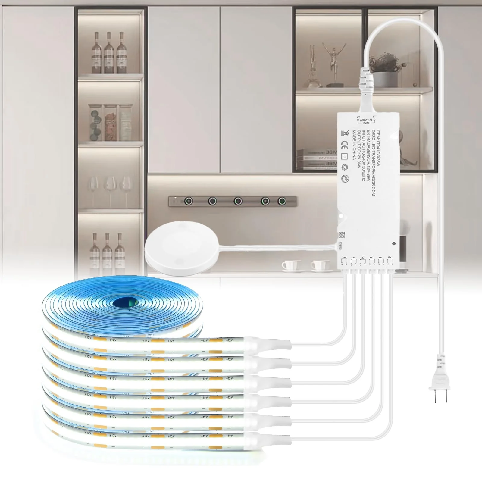 12V White COB LED Strip Light Kit-6pcs 3.3FT Self-Adhesive LED Strip Parallel with Dimmable Touch Sensor Switch, Led Light Strip for Wood Slat Wall Panels, Home decor, Under Cabinet Strip Light 6pcs 3.3FT - Image 6