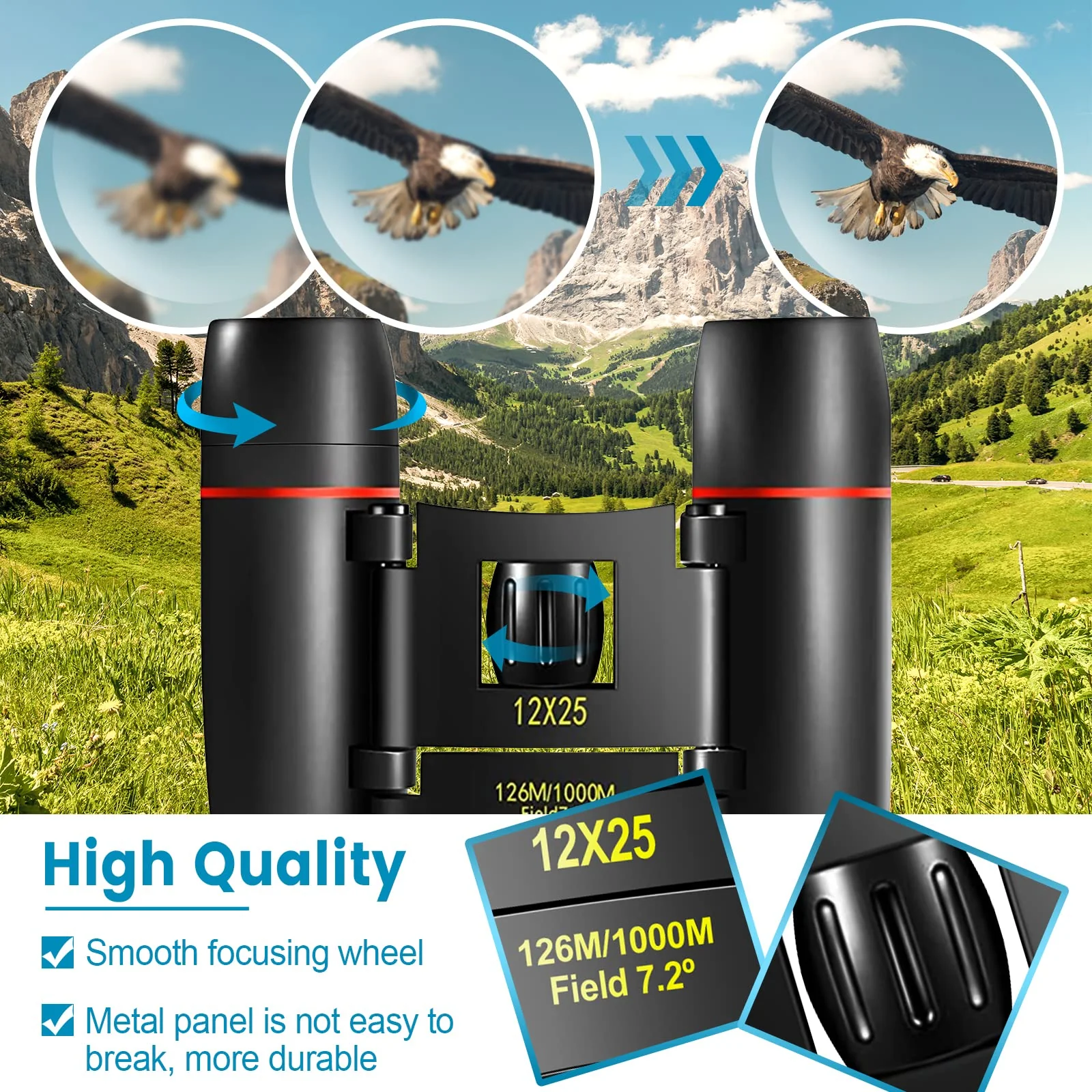 12X25 Mini Pocket Binoculars Compact, Small Lightweight Foldable for Adults Kids Bird Watching, Travel, Opera Concert, Hiking, Cruise, Football Game Green 12X25 Black - Image 2