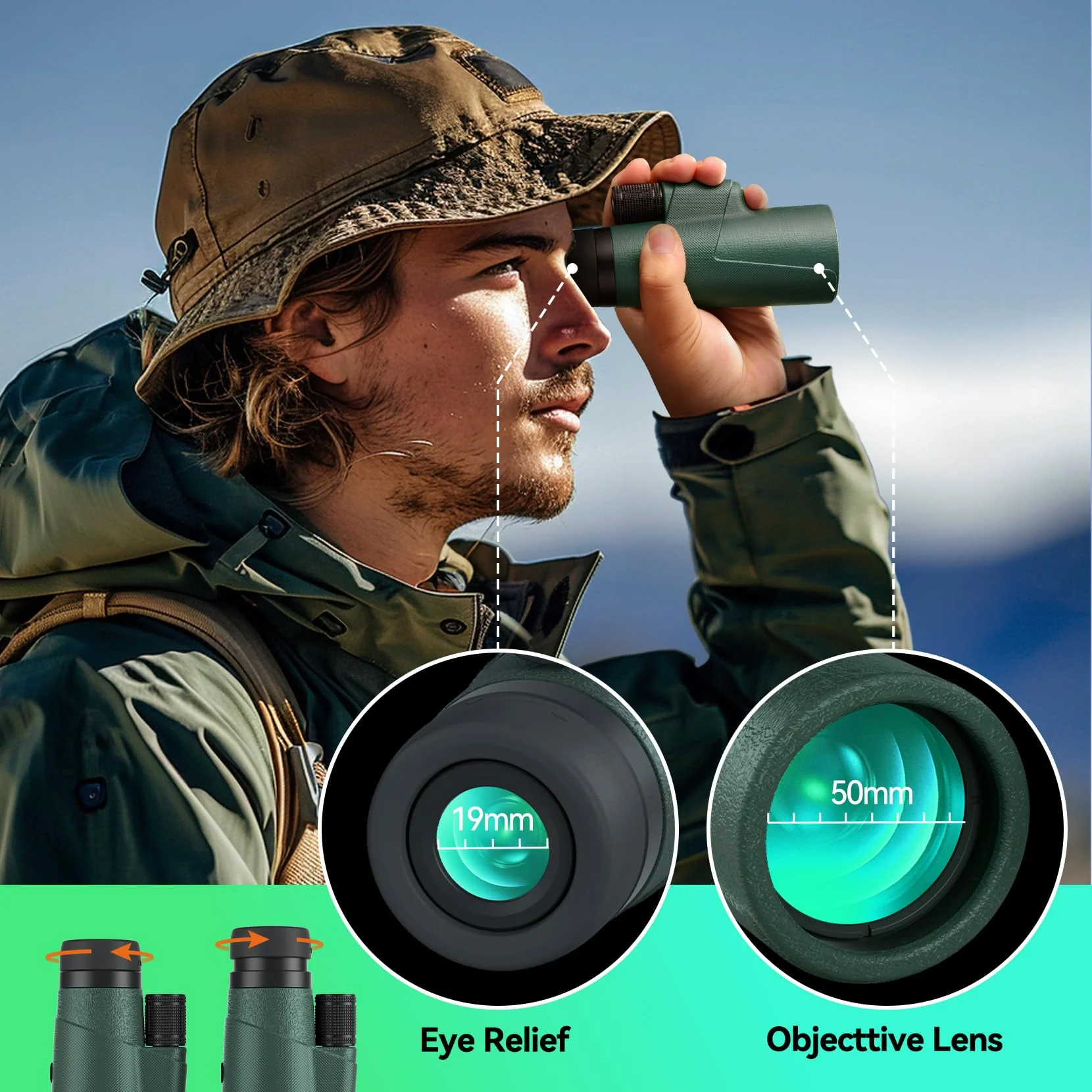 12x50 HD Monocular for Adults High Powered with BAK4 Prism & FMC Lens,Lightweight with Smartphone Adapter, High Powered Monocular with Clear Low Light Vision for Star Watching, Bird Watching, Hiking Green - Image 2