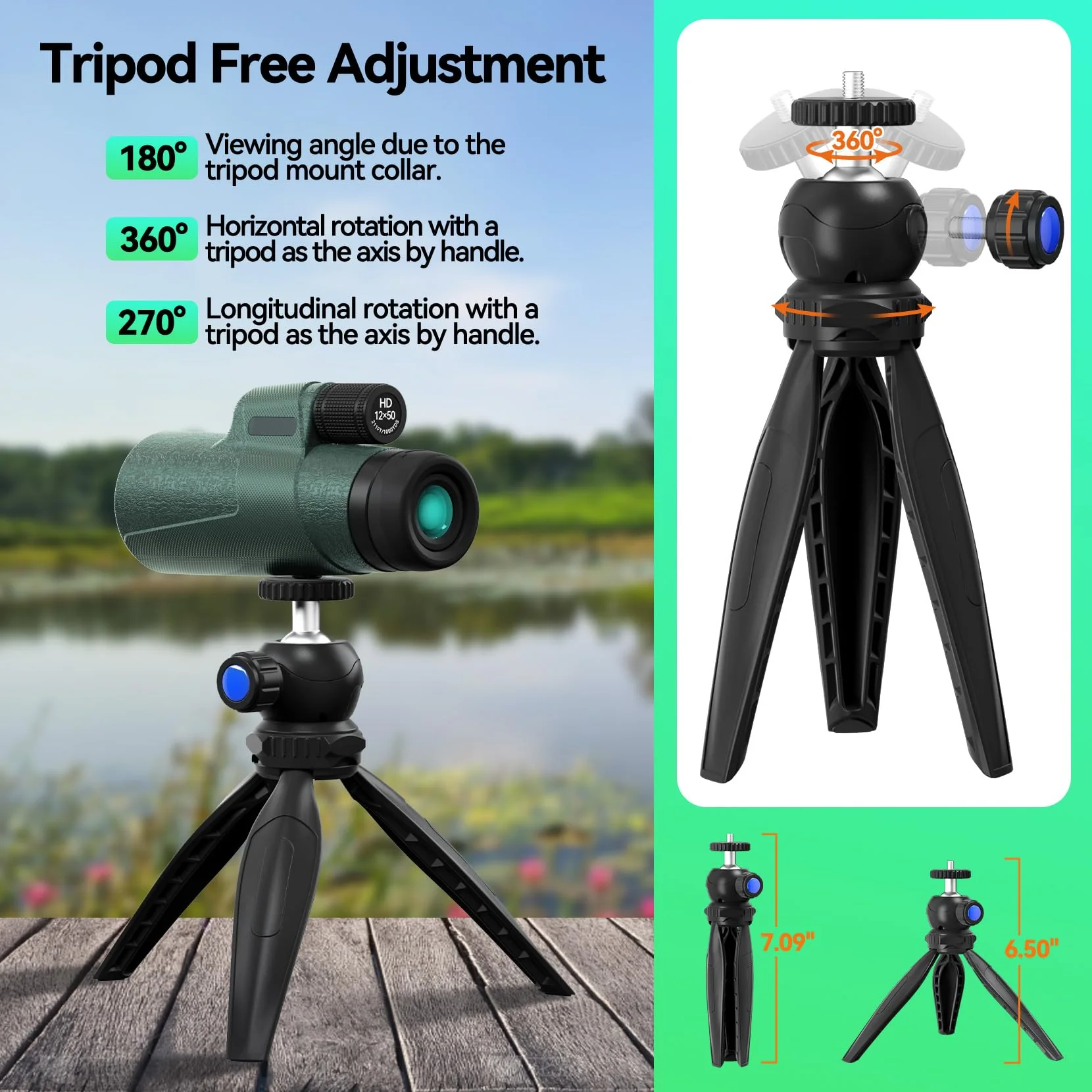 12x50 HD Monocular for Adults High Powered with BAK4 Prism & FMC Lens,Lightweight with Smartphone Adapter, High Powered Monocular with Clear Low Light Vision for Star Watching, Bird Watching, Hiking Green - Image 4
