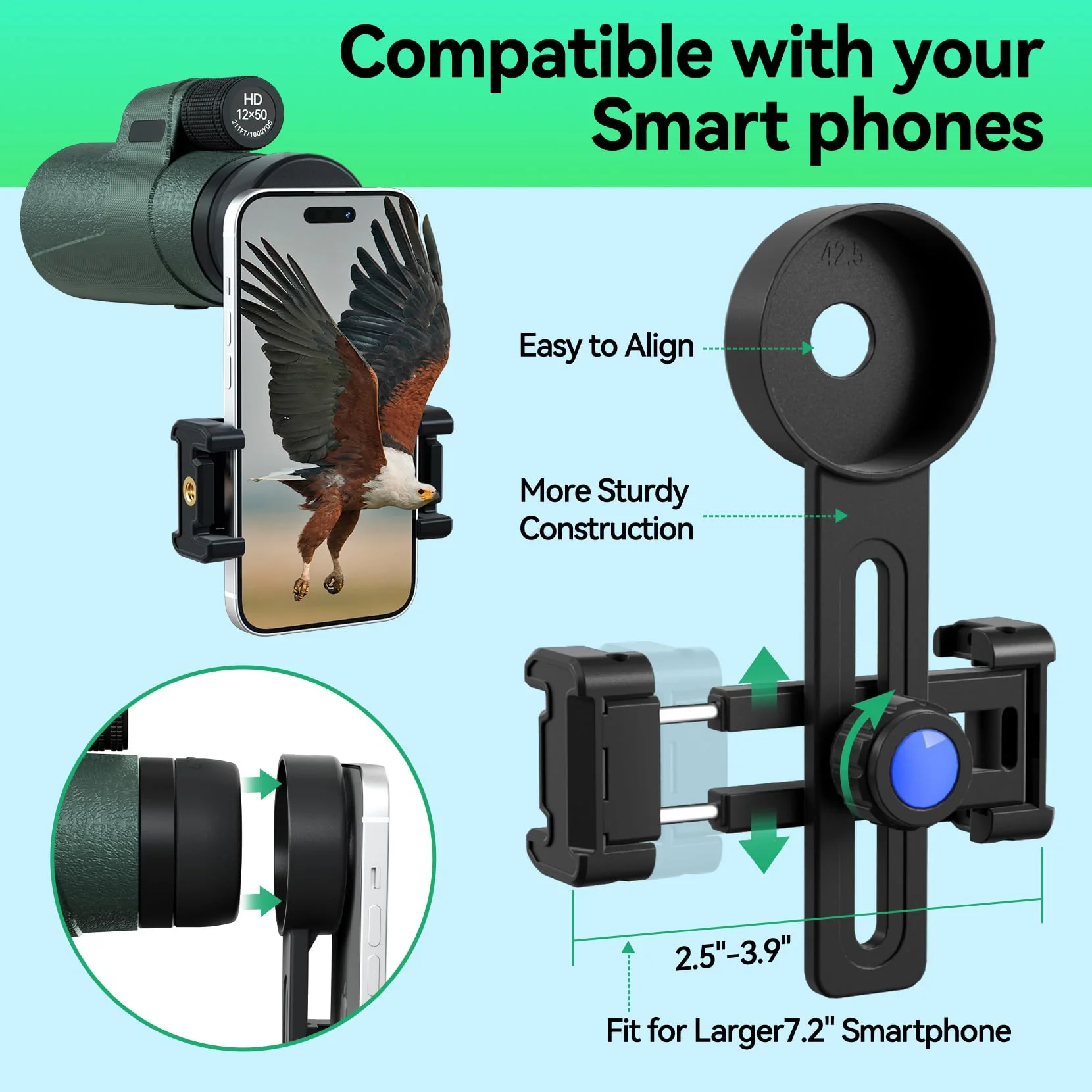 12x50 HD Monocular for Adults High Powered with BAK4 Prism & FMC Lens,Lightweight with Smartphone Adapter, High Powered Monocular with Clear Low Light Vision for Star Watching, Bird Watching, Hiking Green - Image 5