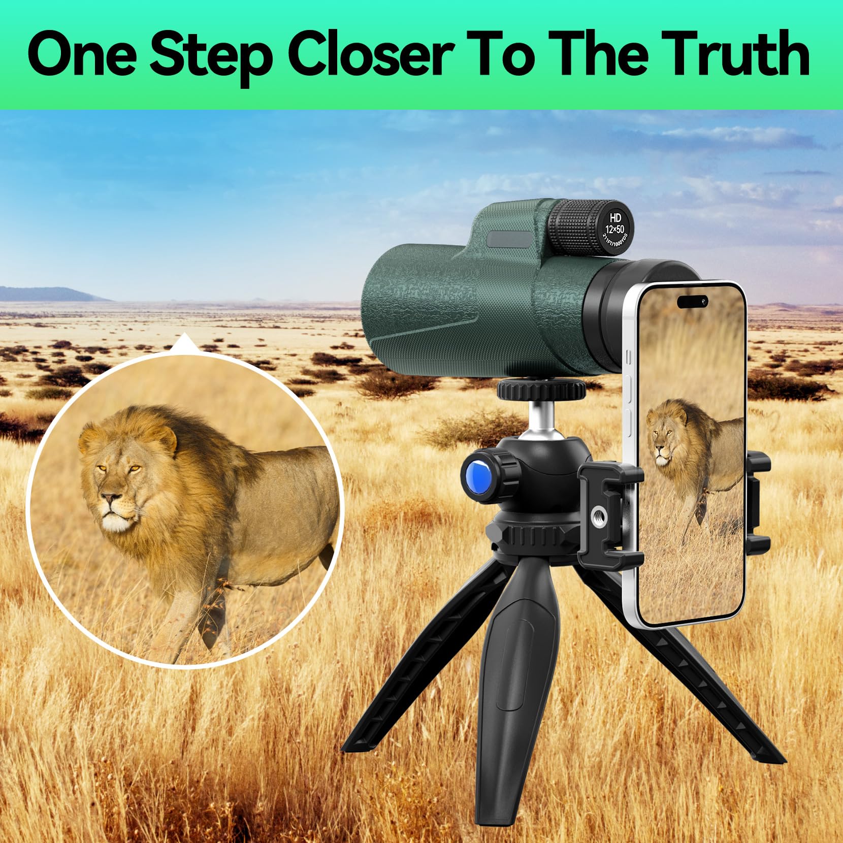 12x50 HD Monocular for Adults High Powered with BAK4 Prism & FMC Lens,Lightweight with Smartphone Adapter, High Powered Monocular with Clear Low Light Vision for Star Watching, Bird Watching, Hiking Green - Image 7