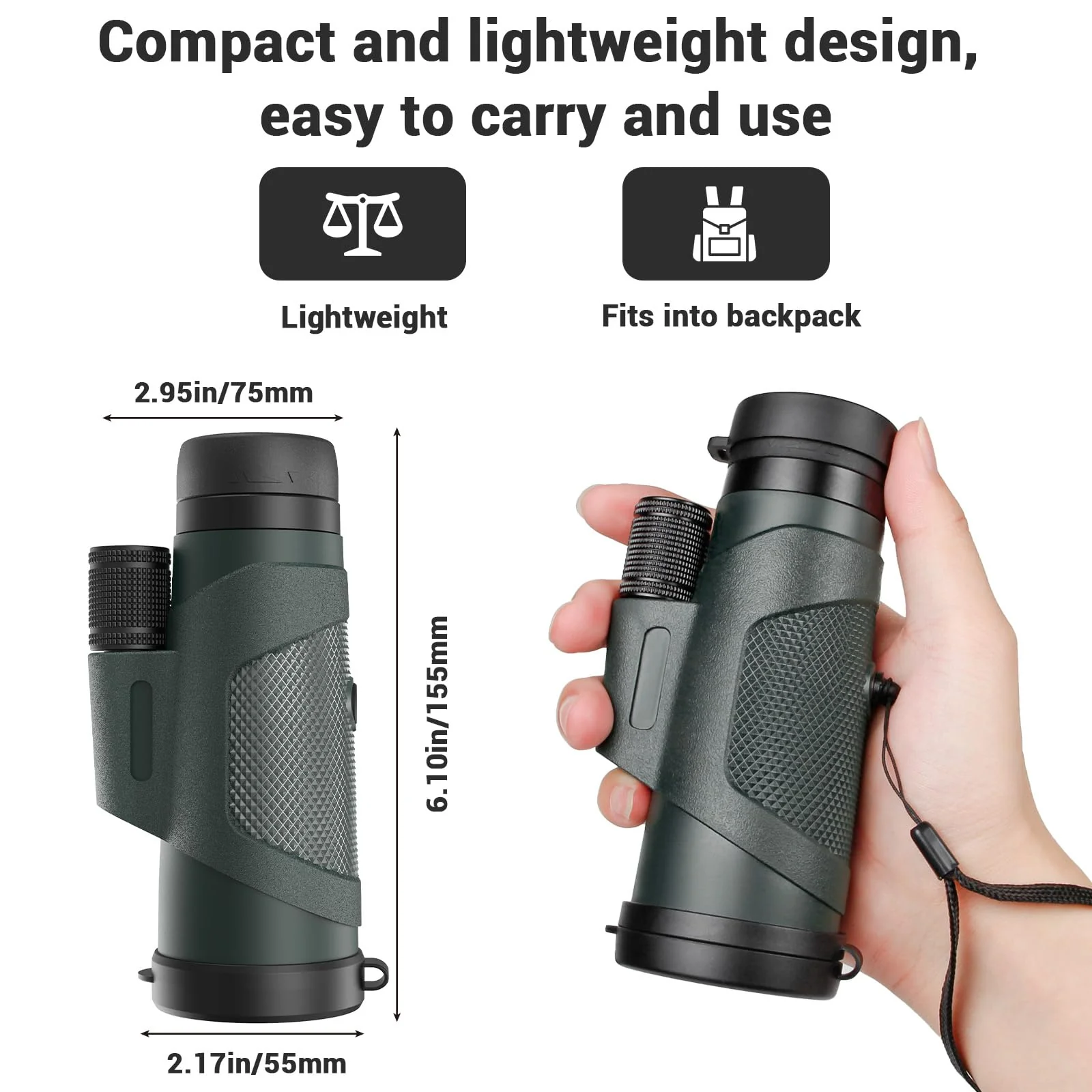 12x50 Monocular Telescope for Adults, High Powered Monoculars Compact Scope Portable Handheld Telescope with BAK-4 Prism FMC Lens for Bird Watching Hiking Camping Hunting Travel 12x50 Green - Image 6