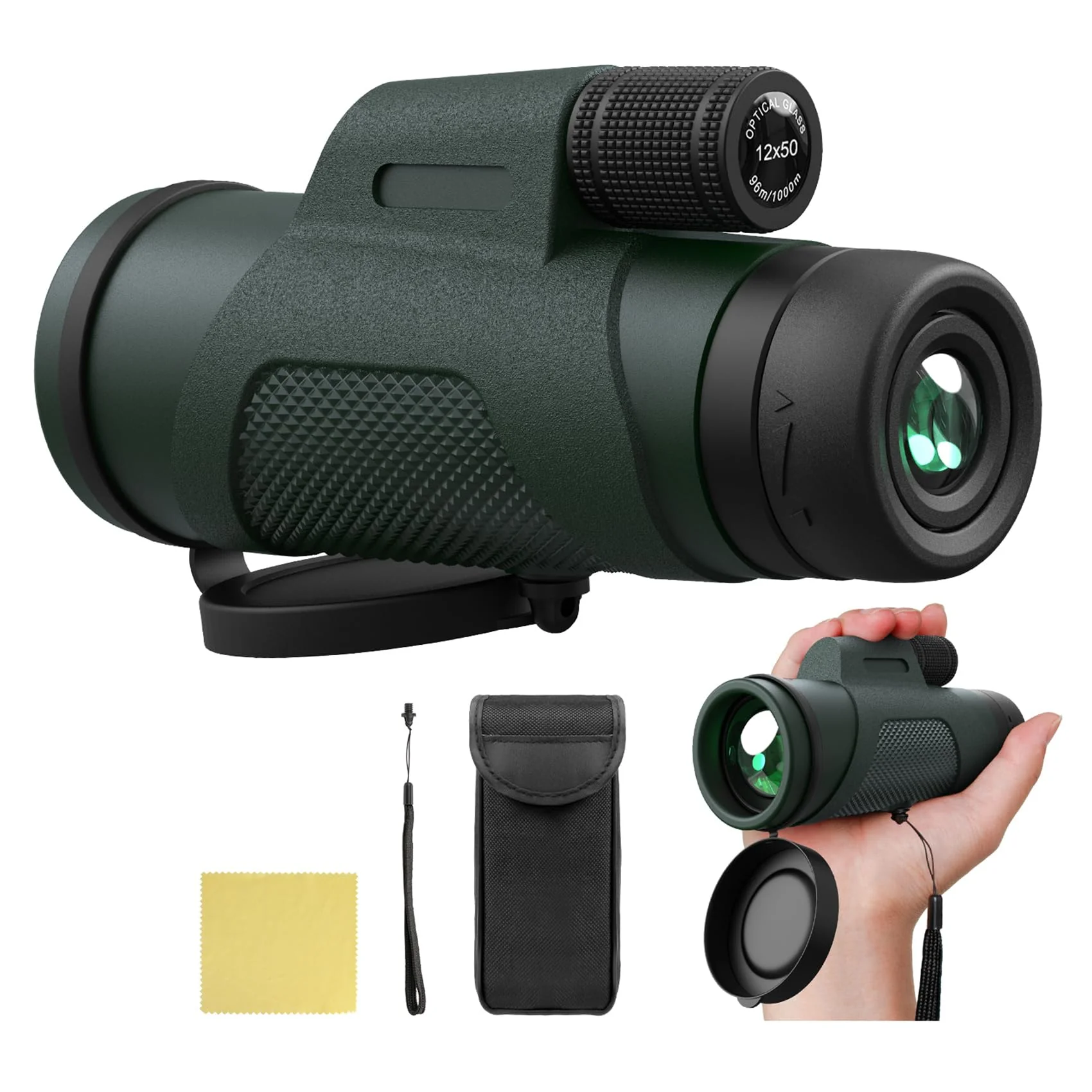 12x50 Monocular Telescope for Adults, High Powered Monoculars Compact Scope Portable Handheld Telescope with BAK-4 Prism FMC Lens for Bird Watching Hiking Camping Hunting Travel 12x50 Green - Image 7